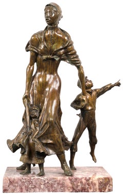 'Pioneer Woman & Children, ' Bronze and Marble Sculpture by Harold Castor
