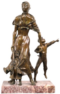 Vintage 'Pioneer Woman & Children, ' Bronze and Marble Sculpture by Harold Castor 