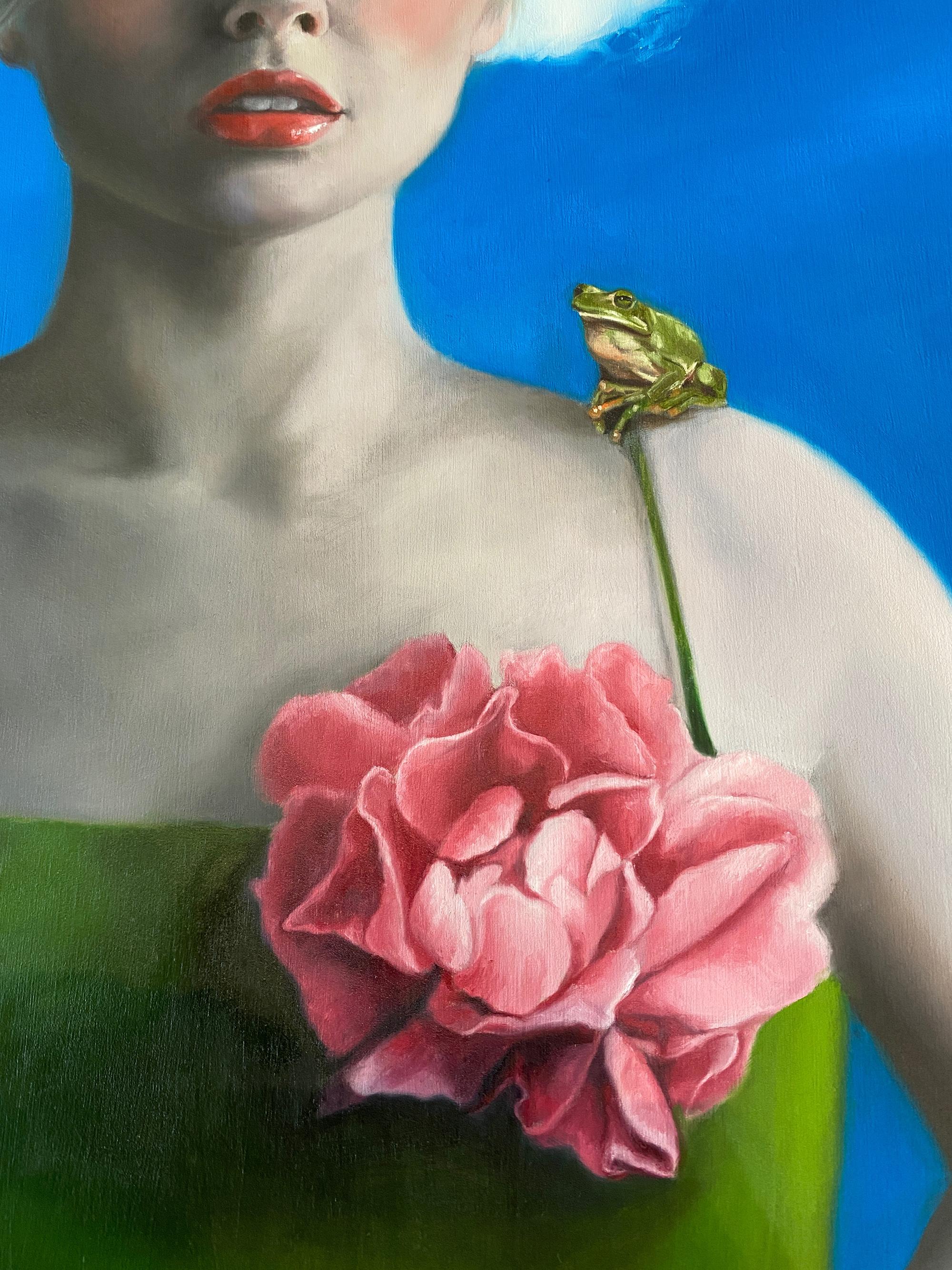 This Sara Scribner painting portrays a bright, vivid portrait of a young contemporary woman in a green dress pinned with a large pink corsage on the dress and butterfly on her shoulder. The photographically realistic depiction of the sitter draws in