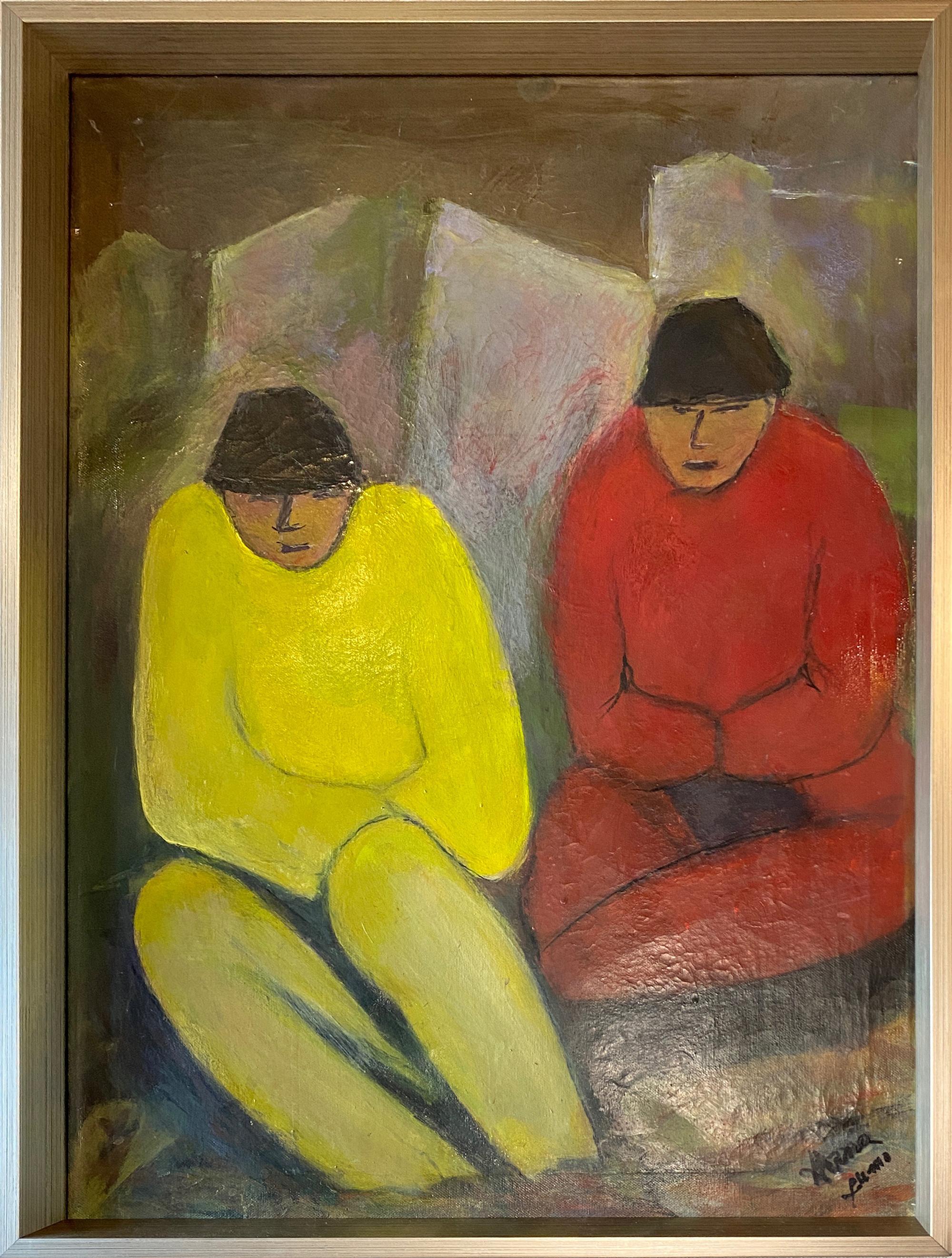 'Chinese Modernist Scene of Two Male Figures, ' by H. Xumo, Oil Painting
