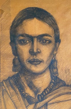 'In the Study - Self Portrait of Frida Kahlo, ' Unknown, Charcoal Drawing