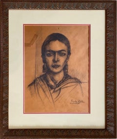 'In the Study - Self Portrait of Frida Kahlo, ' Unknown, Charcoal Drawing