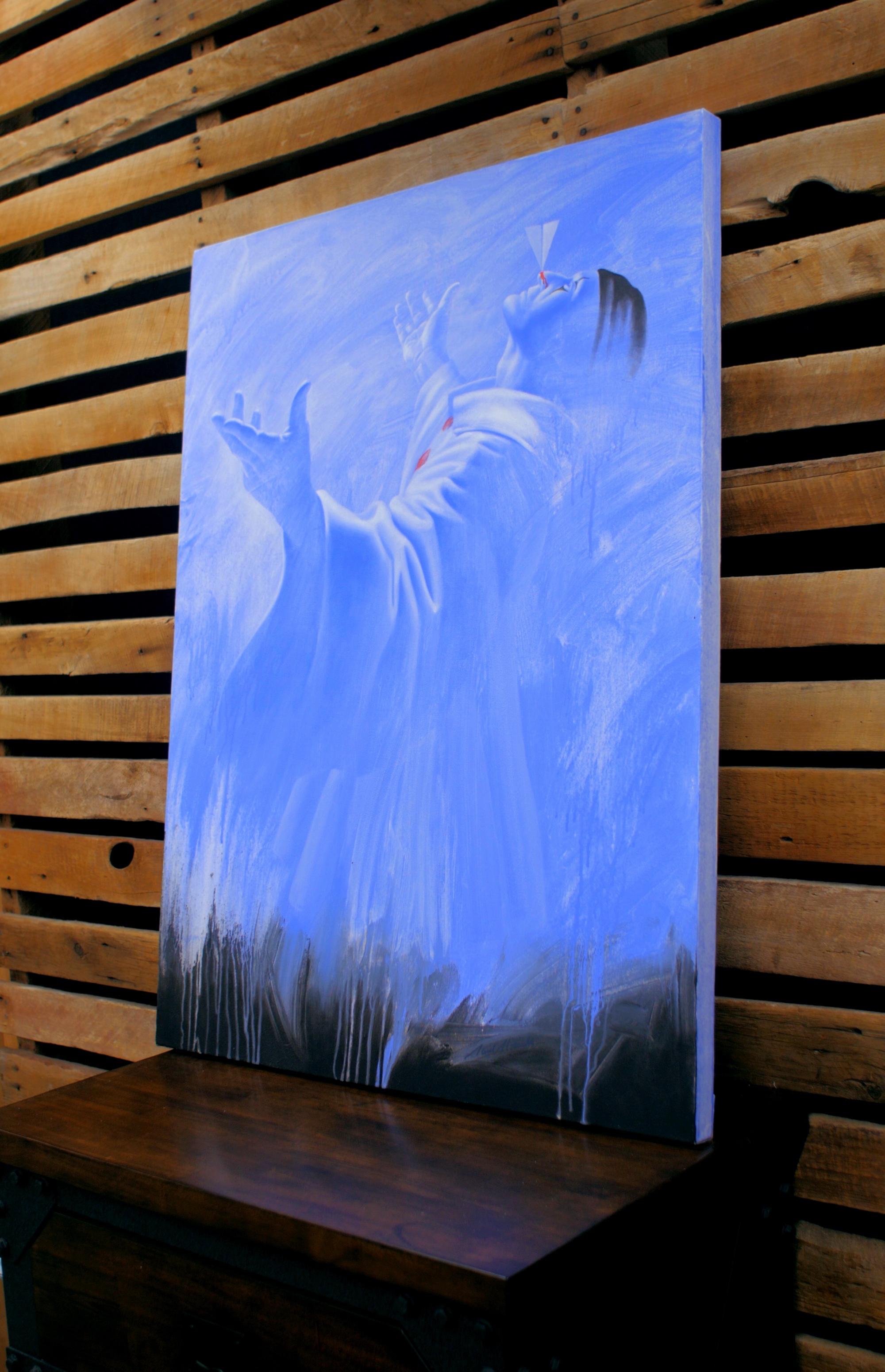 This acrylic and alkyd canvas painting  by Paul Micich features a large ethereal clown figure in white against a blue sky balancing a paper airplane on the tip of his nose.  The work is part of his 'Paper Airplane' series.  The artist states that he