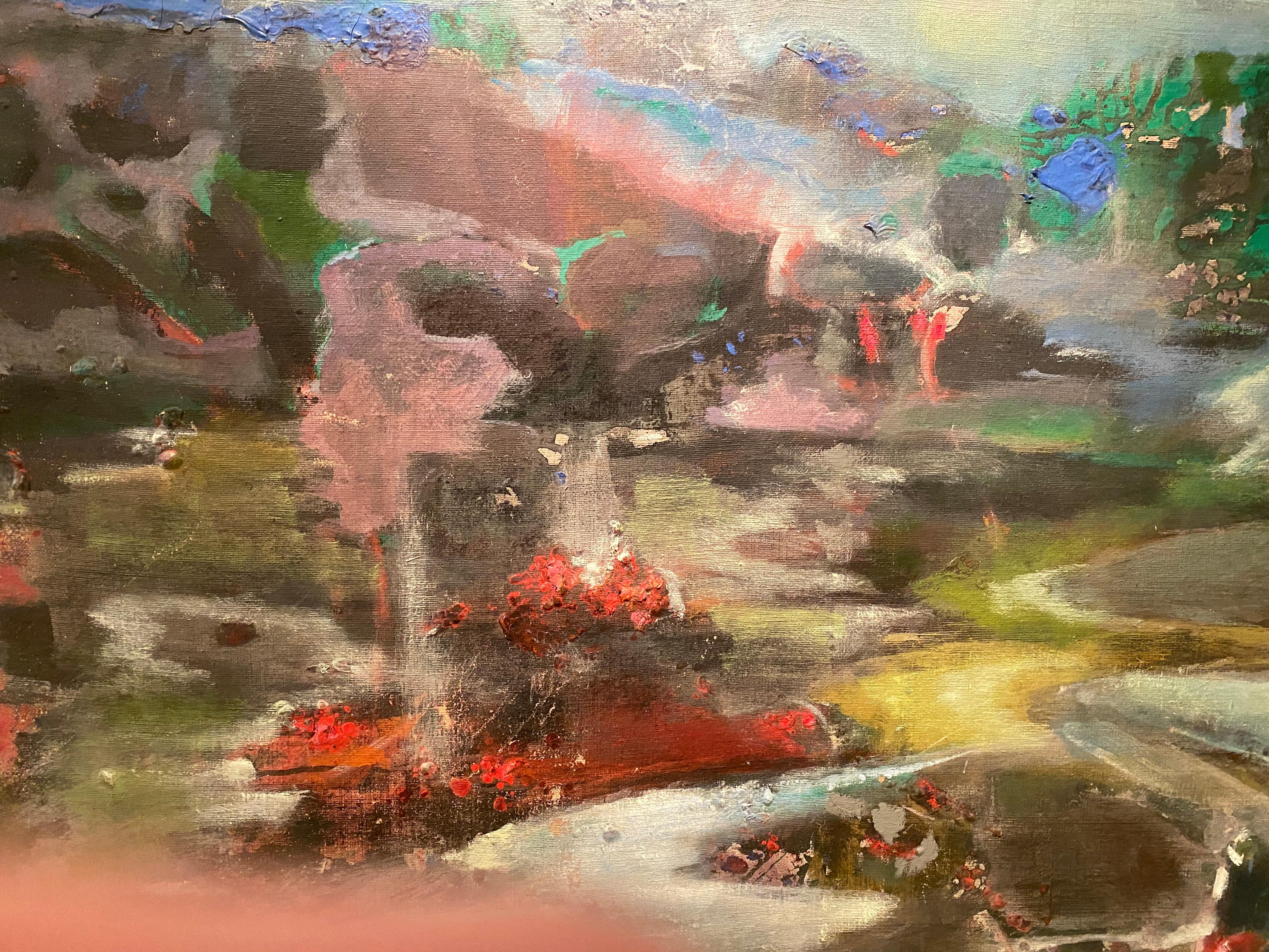 This large, colorful mystical landscape painting was created by the listed Russian/Canadian artist William Chaiken in the mid-20th century. The canvas is dominated  by rolling green hills with a sunlight breaking through a cloudy blue sky and