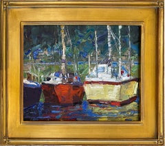 'Sailboats at Bay' by Jim Cobb, Oil on Canvas Board Painting