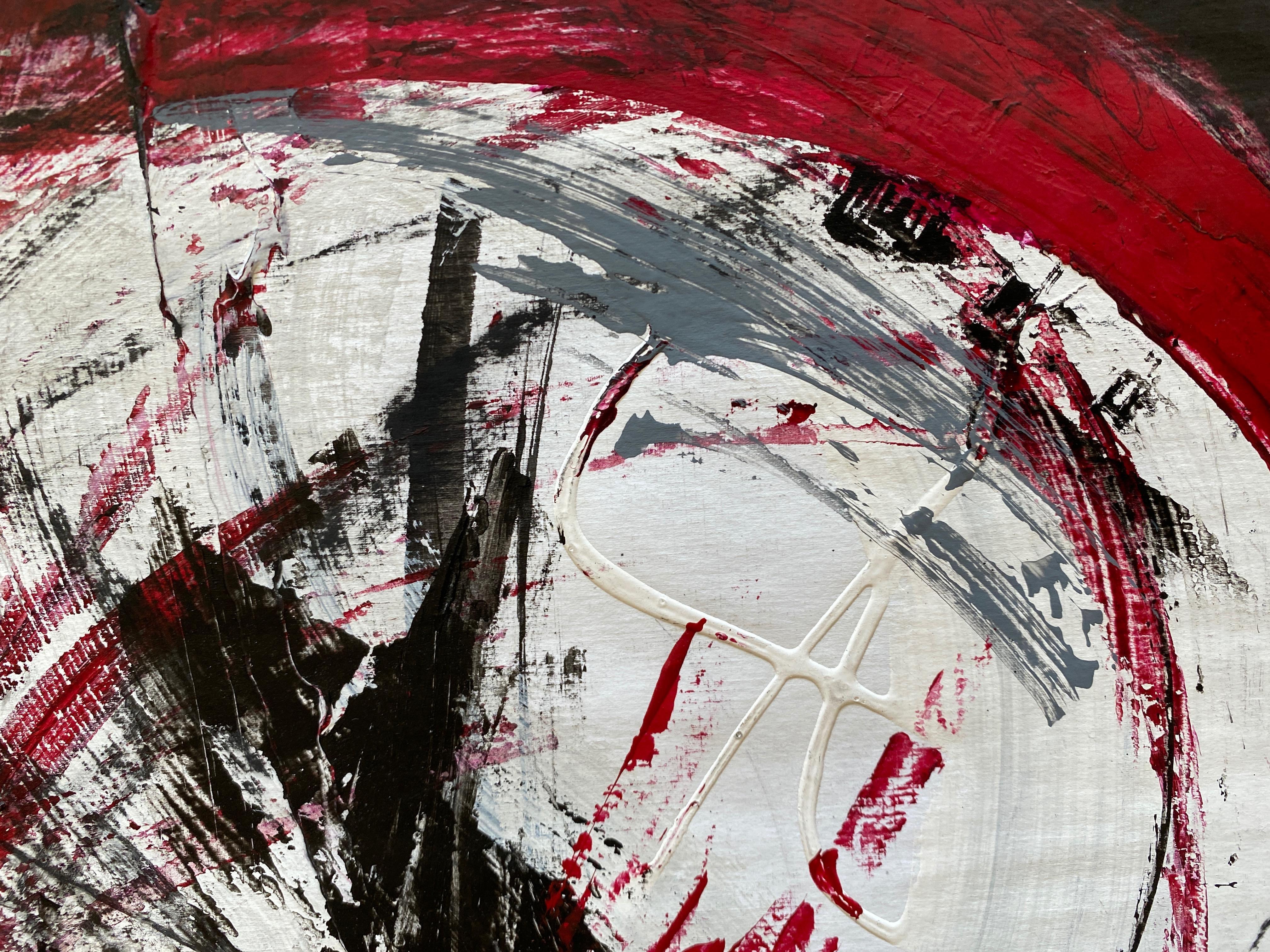 This acrylic and ink painting on paper by Marko Kratohvil is a explosion of red, black white and grey colors painted with energetic gestural movements.  Large concentric circles form at the base of the painting with spears of color intersecting in a