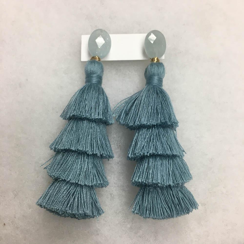 Aquamarine and Dusty Blue Silk Tassel Earrings