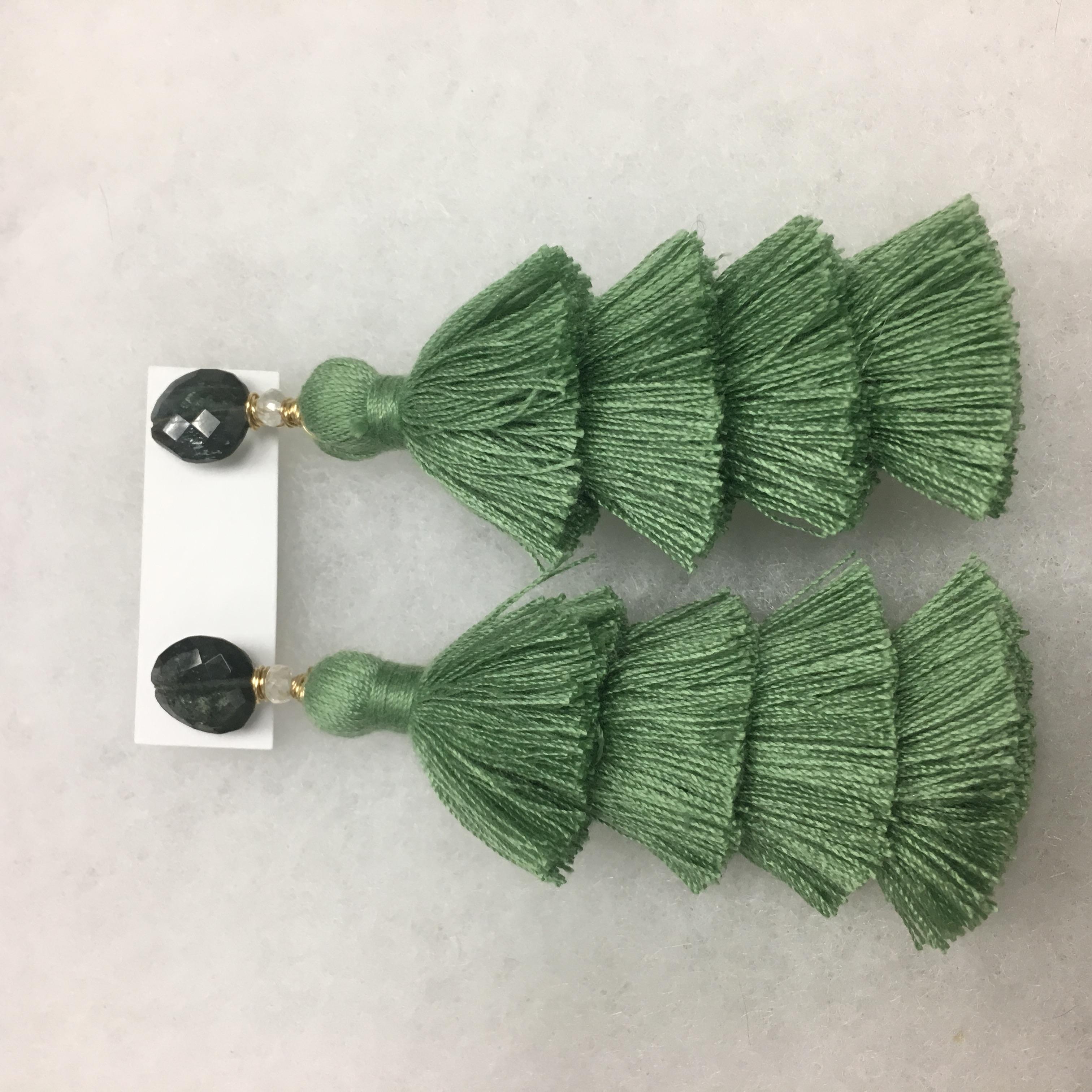 Moss Aquamarine, Moonstone, and Olive Silk Tassel Earrings