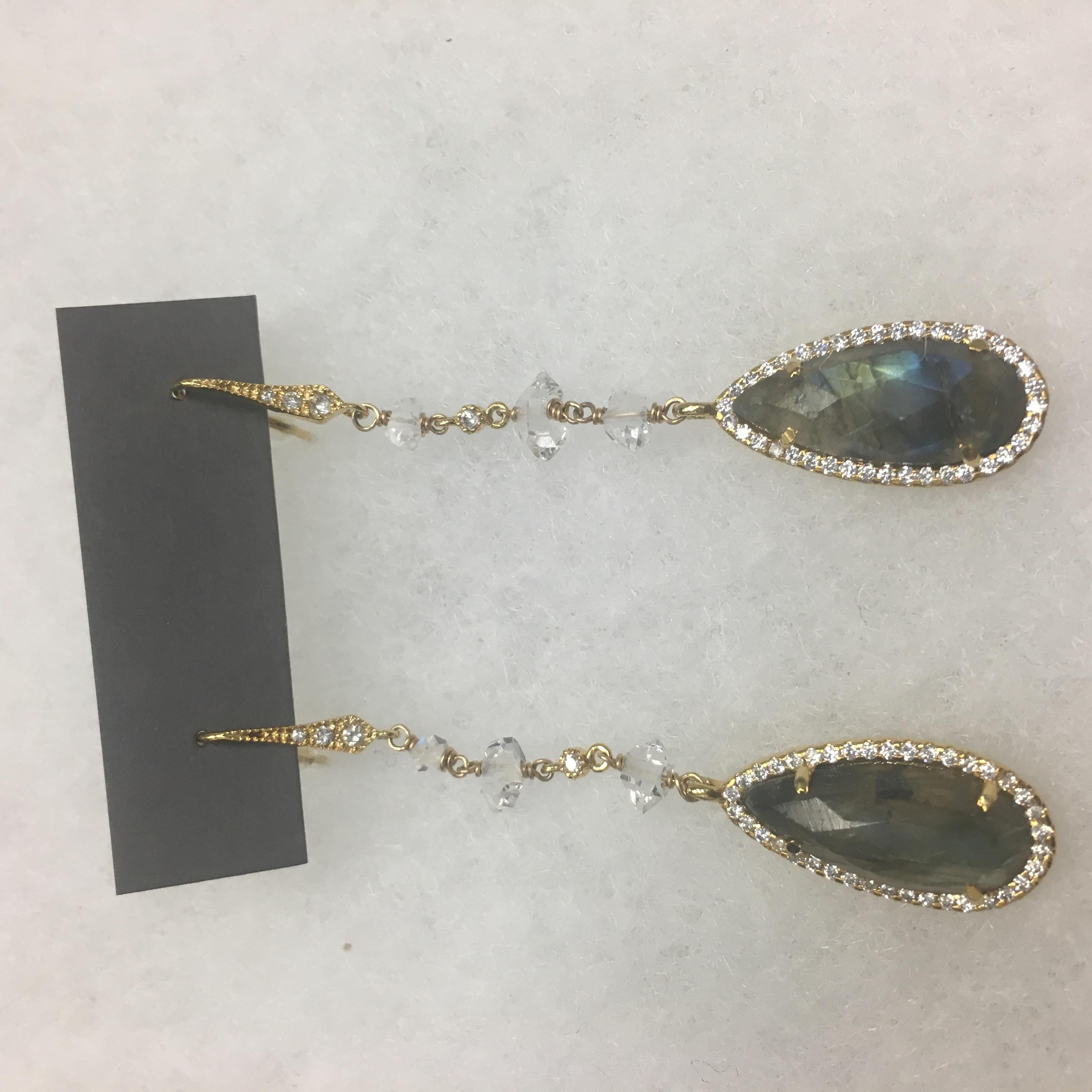 Herkimer Diamond Quartz and Labradorite CZ Long Drop Earrings - Art by Emily Elaine