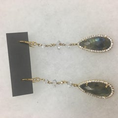 Herkimer Diamond Quartz and Labradorite CZ Long Drop Earrings