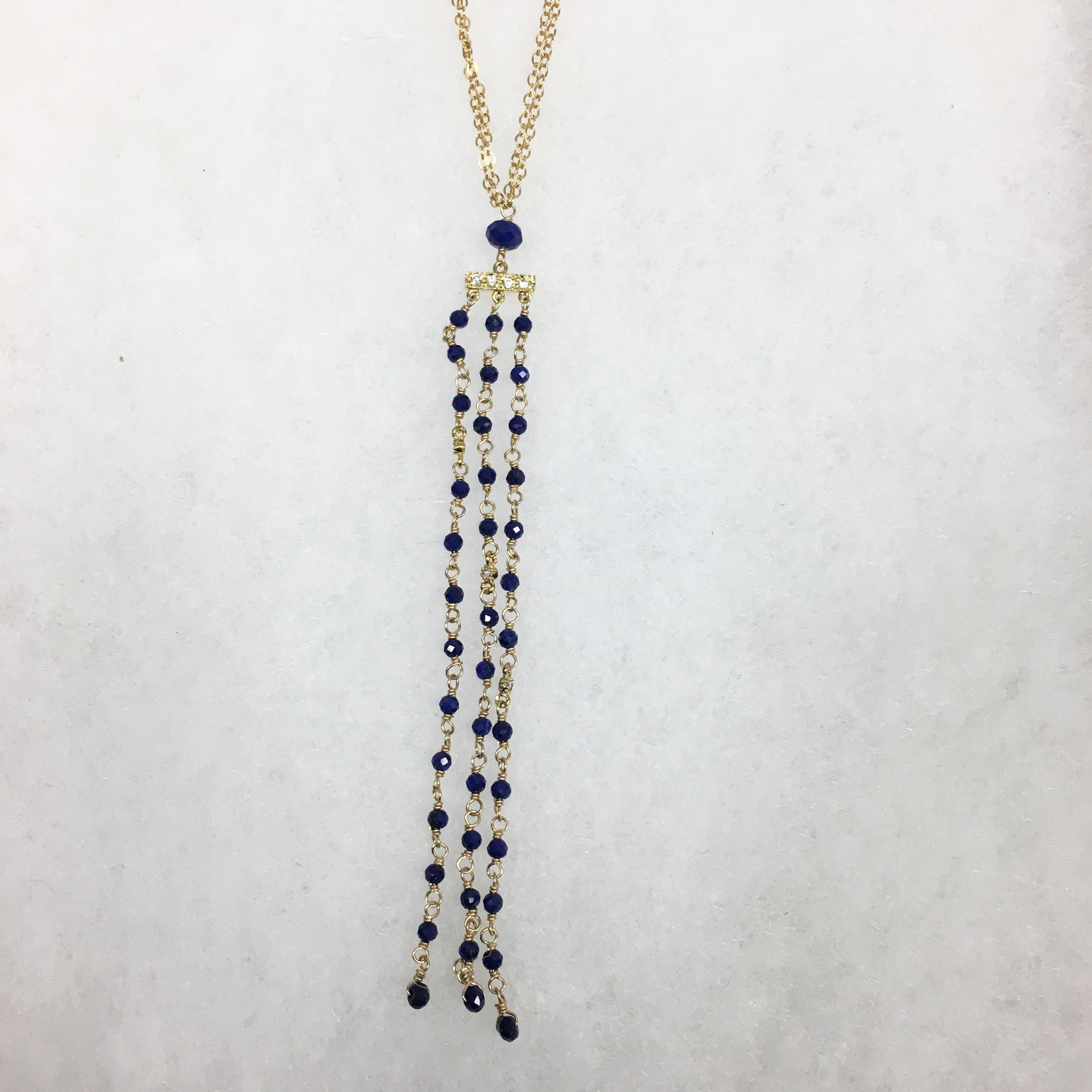 Lapis Hand Beaded Tassel Necklace with CZ - Art by Emily Elaine