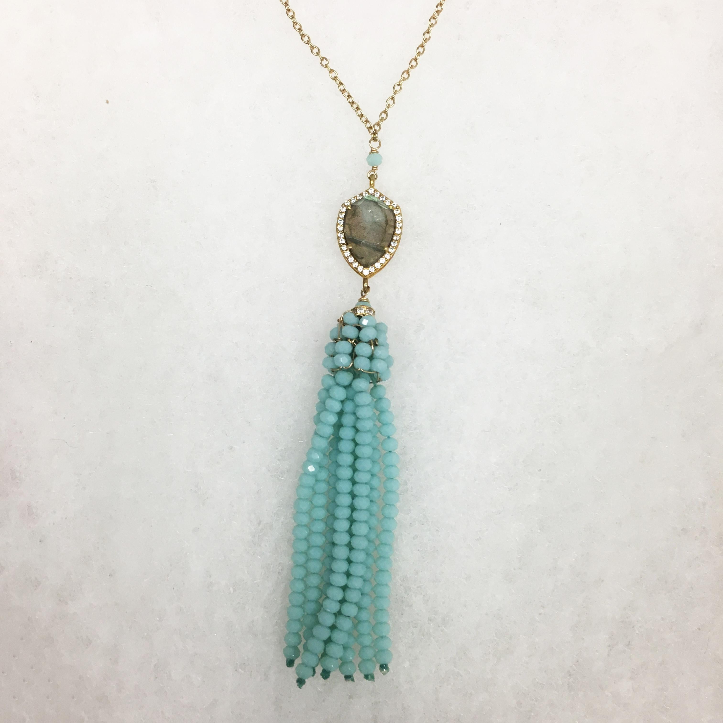 Mint Chalcedony and Labradorite Tassel Necklace with CZ - Art by Emily Elaine
