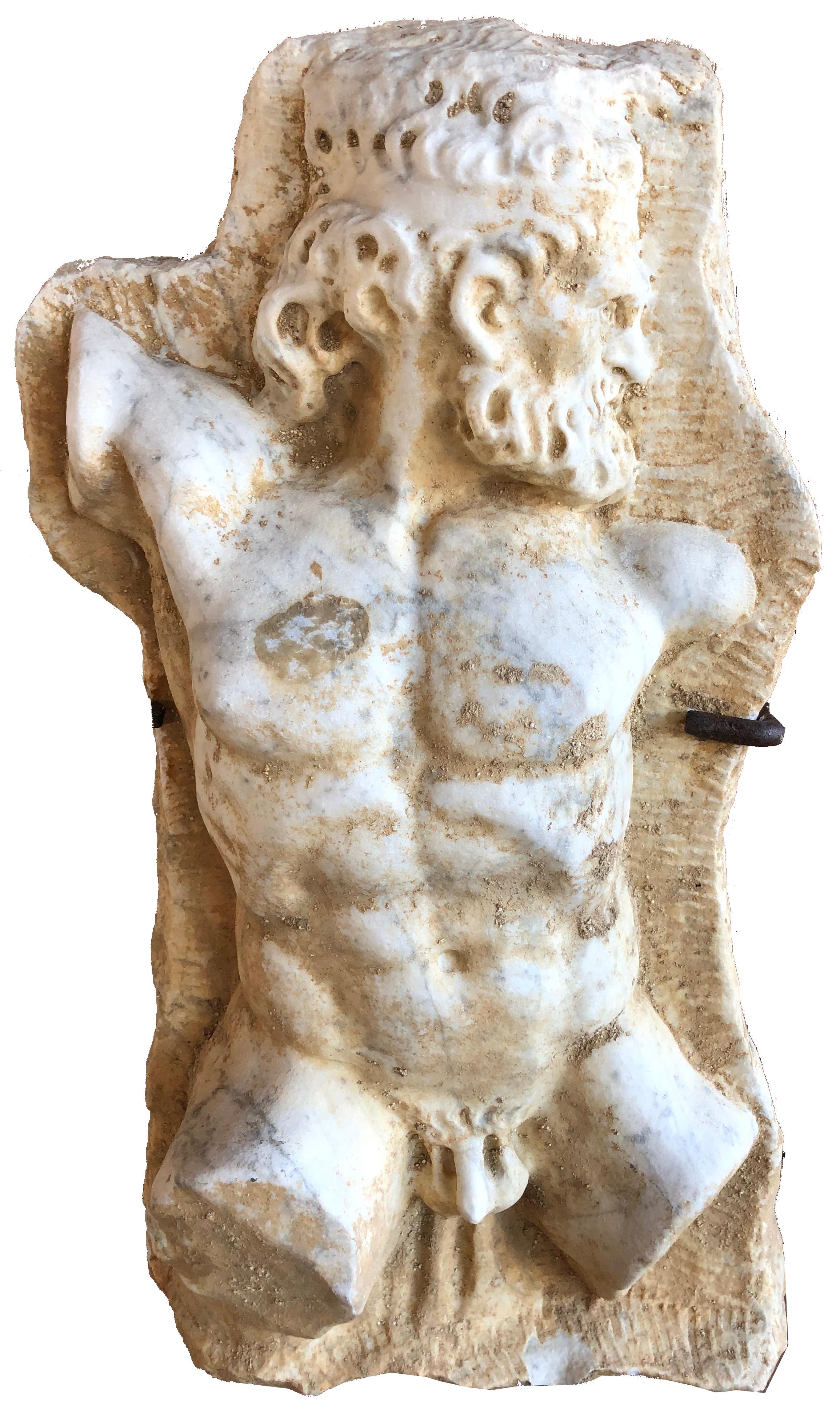 Carrera Marble Italian hand-sculpted Hercules Bust with iron pedestal - Art by Napa Valley Architecturals