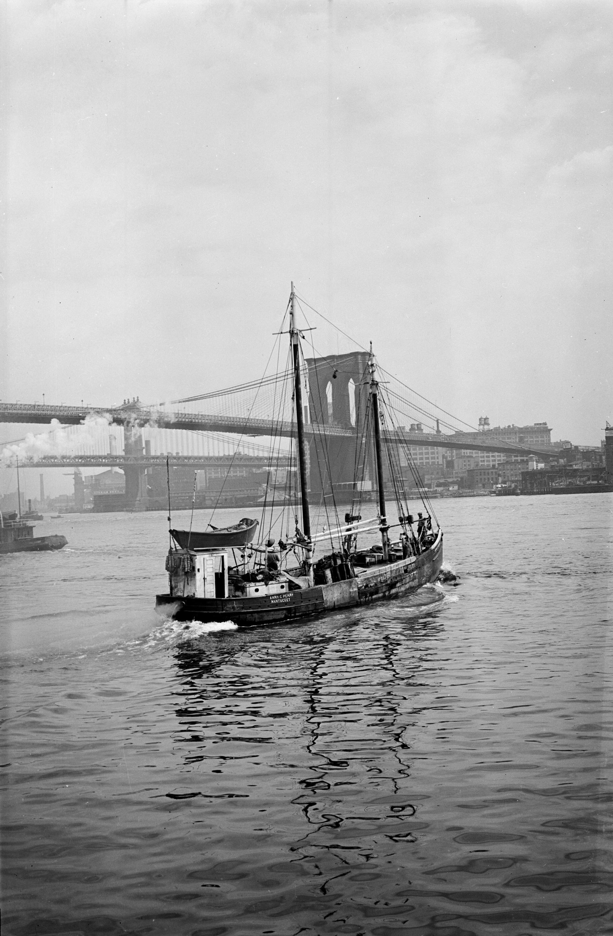 Percy Sperr Landscape Print - NYC Fishing Boat on the East River, Brooklyn Bridge c.1930