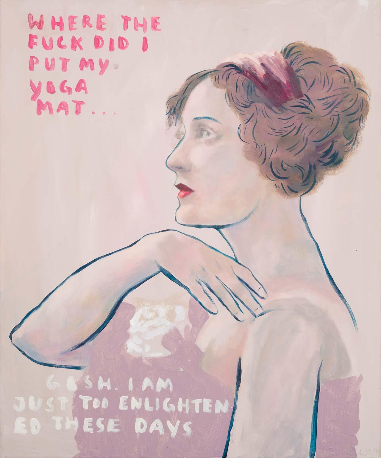 Enlightened - contemporary humorous artwork of female portrait with words