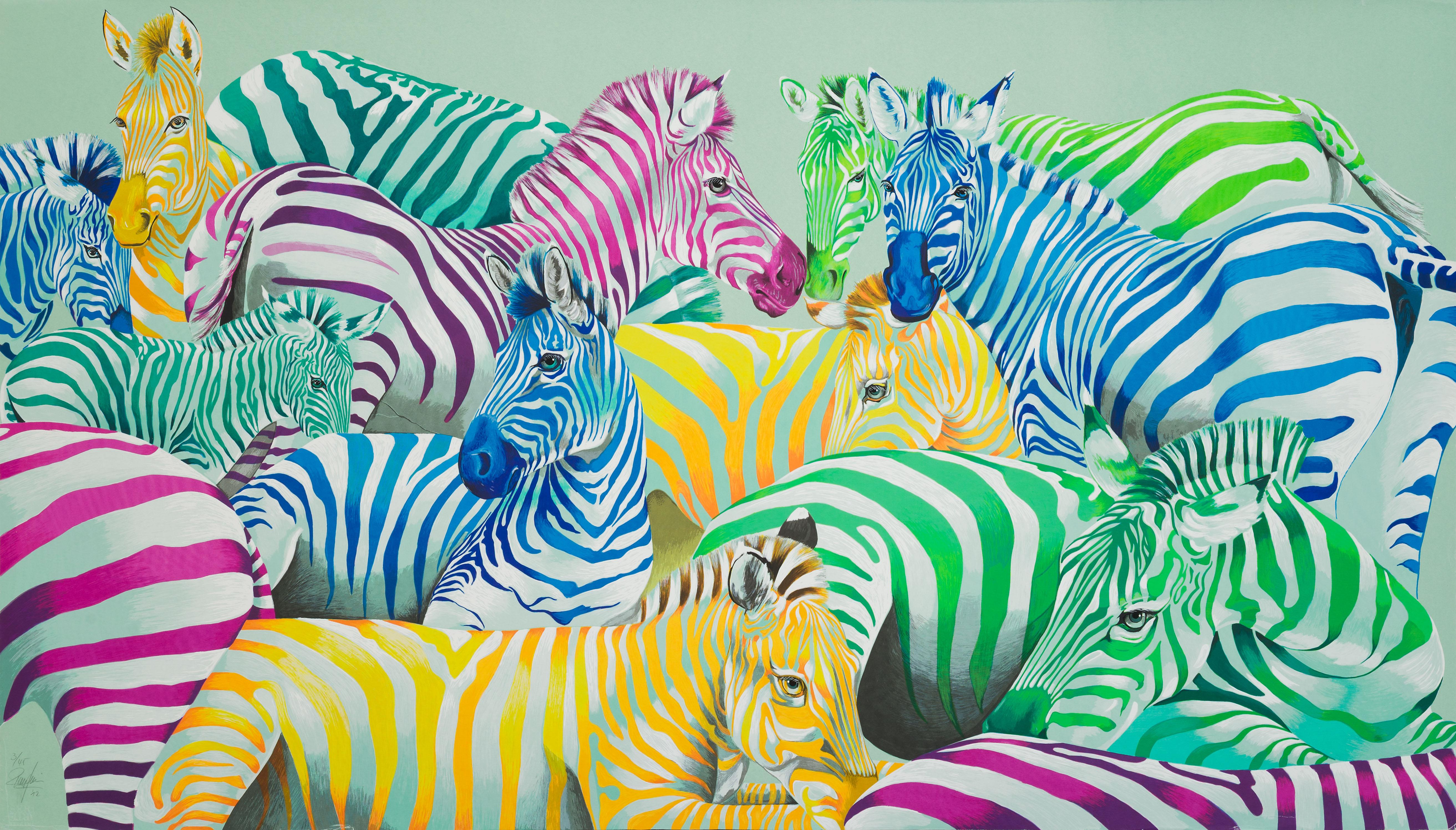 Rolf Knie  Animal Print - Zebra parade postmodern pop art of colorful zebra animal herd in vibrant colors 