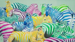 Zebra parade postmodern pop art of colorful zebra animal herd in vibrant colors 