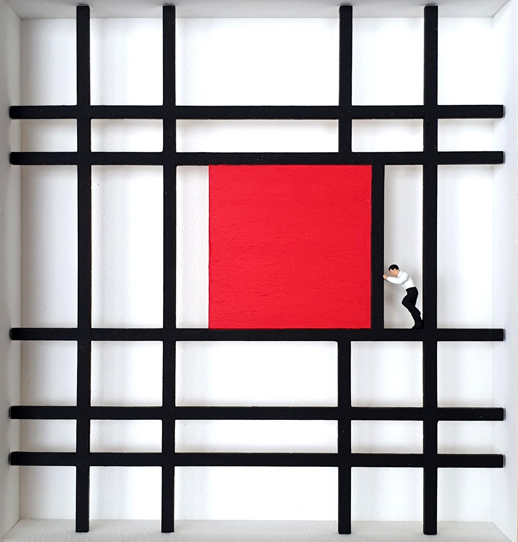Hommage à Mondrian -Shifting - œuvre d'art contemporaine, hommage au maître néerlandais du design - Mixed Media Art de Volker Kuhn