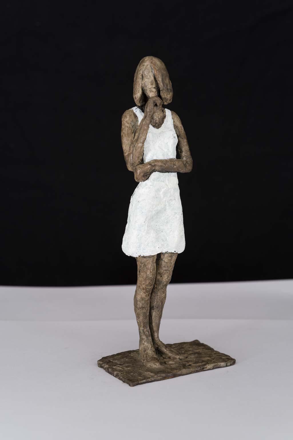 Susanne Kraisser Figurative Sculpture - Girl in Mini Dress - contemporary bronze sculpture, nude female with white dress