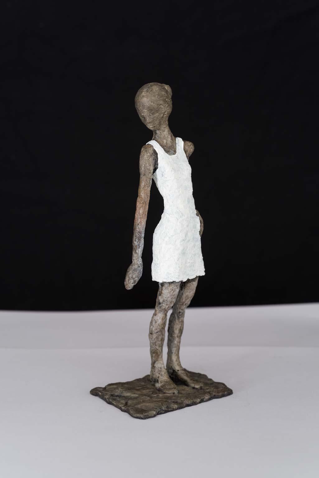 Susanne Kraisser Figurative Sculpture - Girl in Mini Dress - contemporary bronze sculpture, female with white dress