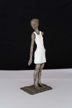 Girl in Mini Dress - contemporary bronze sculpture, female with white dress