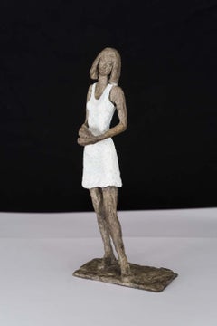 Girl in Mini Dress - contemporary bronze sculpture, female with white dress