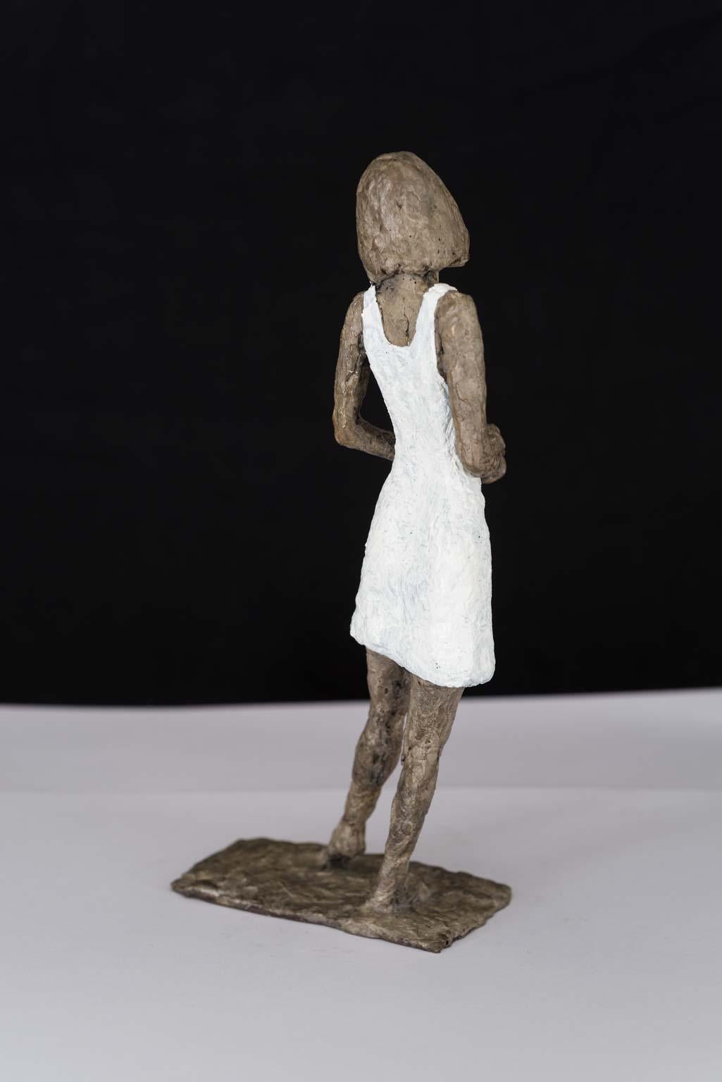 Girl in Mini Dress - contemporary bronze sculpture, female with white dress - Sculpture by Susanne Kraisser