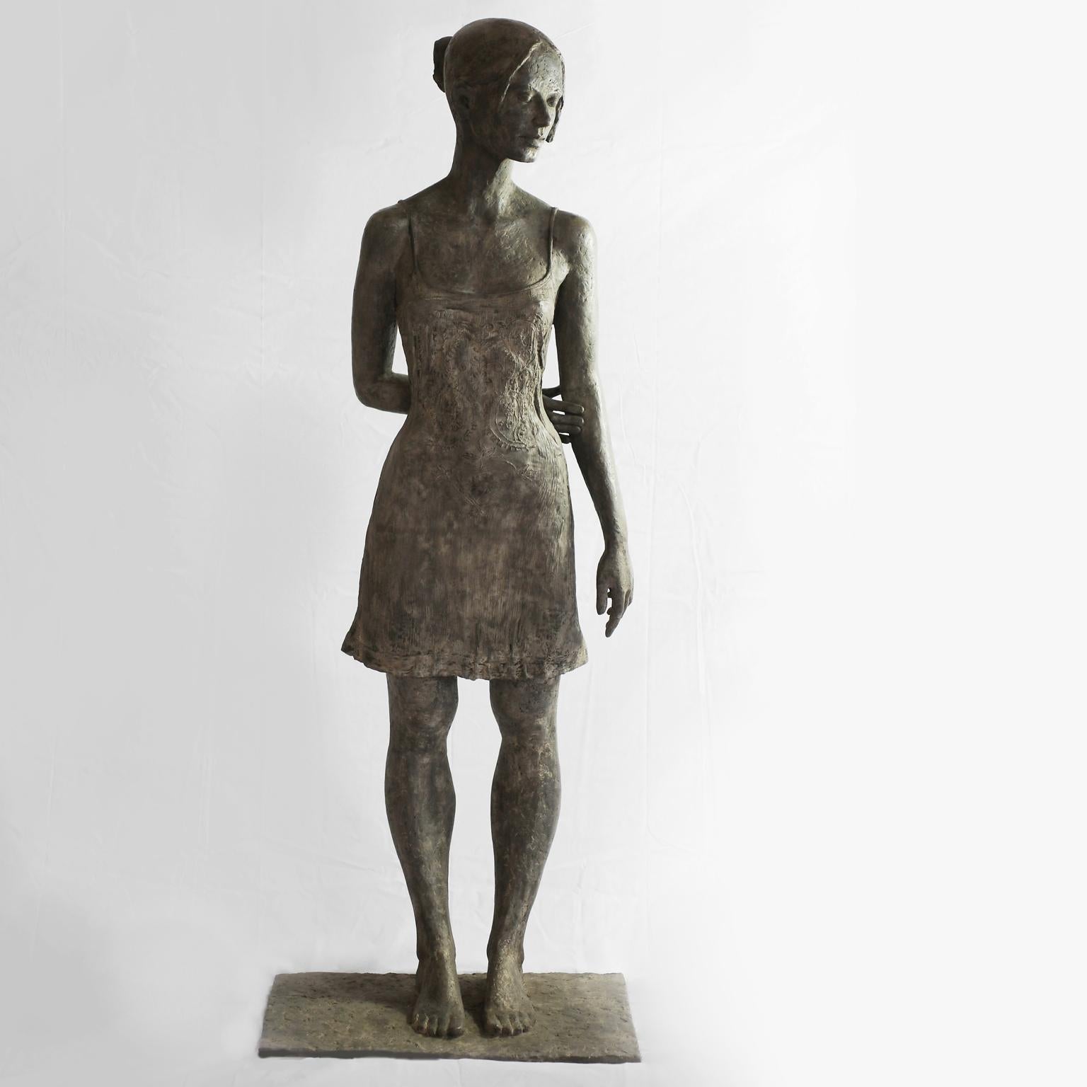 Summer Coolness (Sommerkälte) life-size contemporary bronze sculpture of female