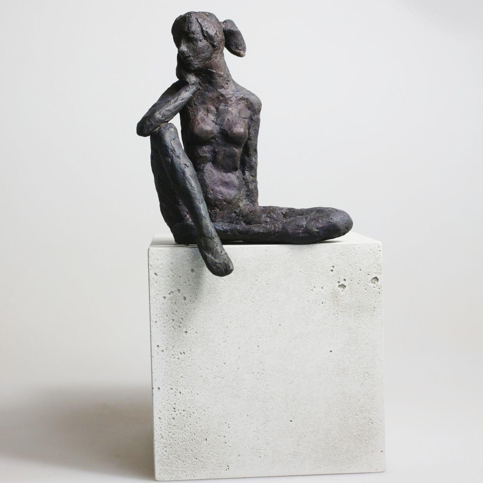 Girl Sitting VIII - contemporary bronze sculpture, nude female on wooden block