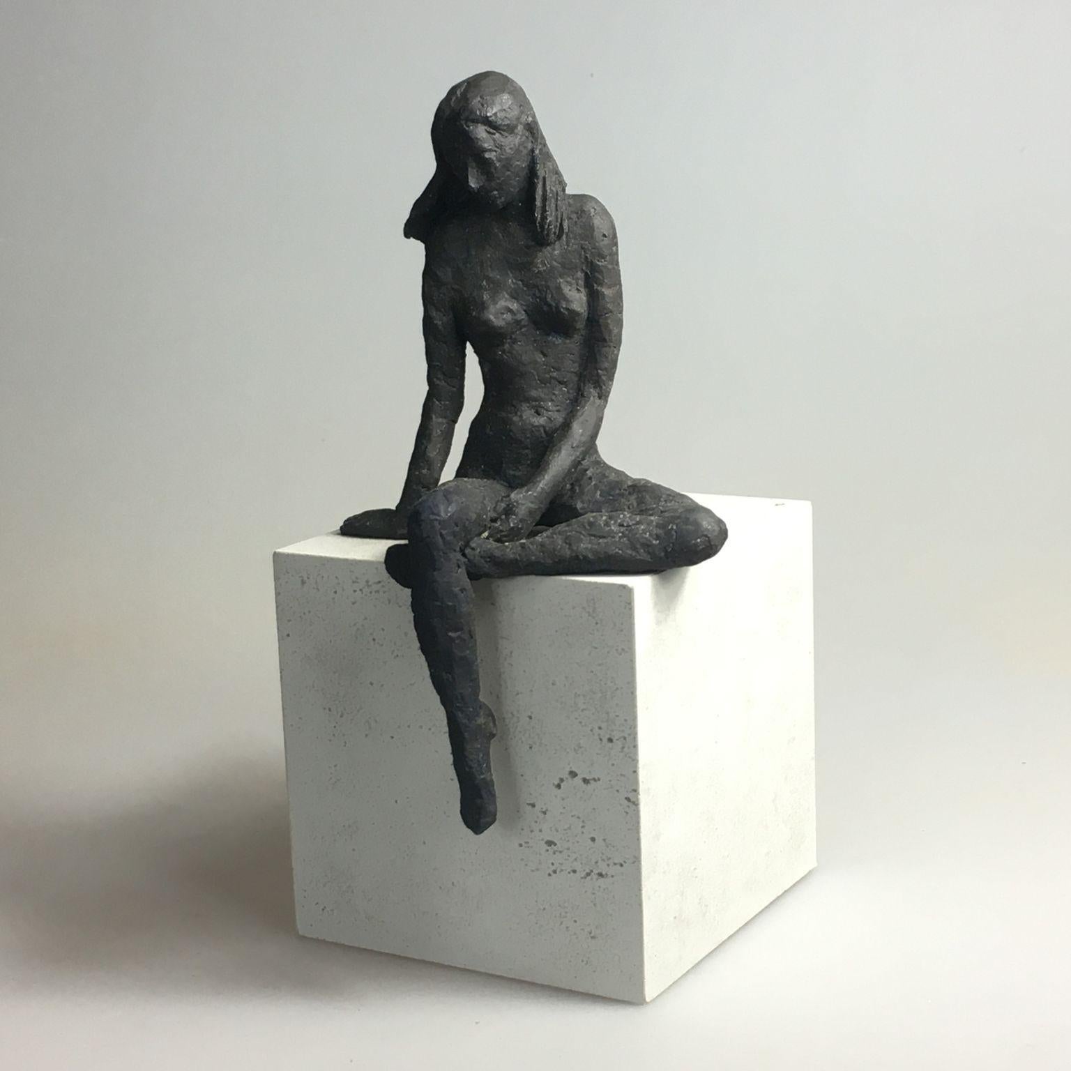 Girl Sitting XIII - contemporary bronze sculpture, nude female on wooden block