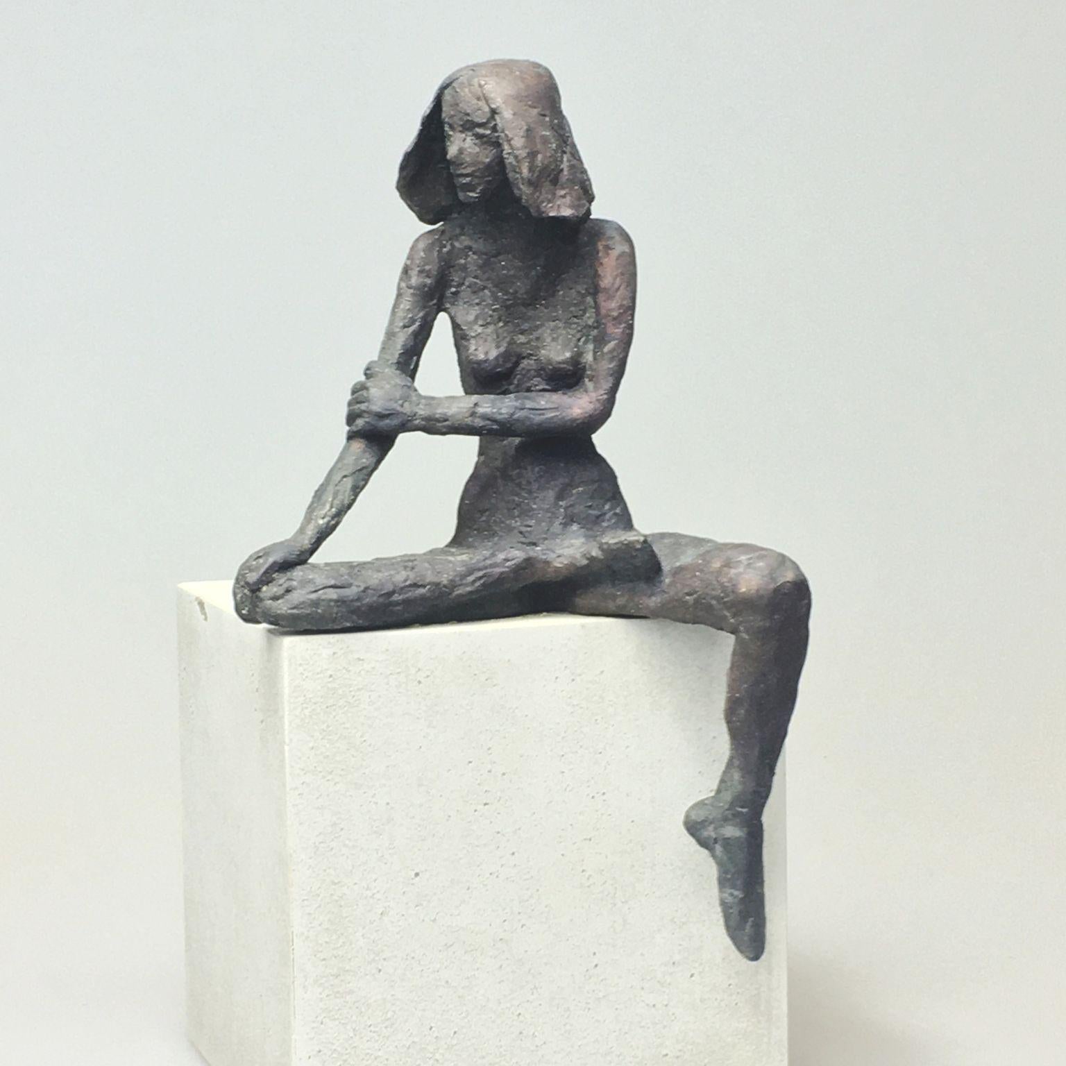 Girl Sitting XIV - contemporary bronze sculpture of nude female on wooden block