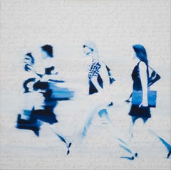 Fast Women in Blue - contemporary art, scene of fast women walking to work