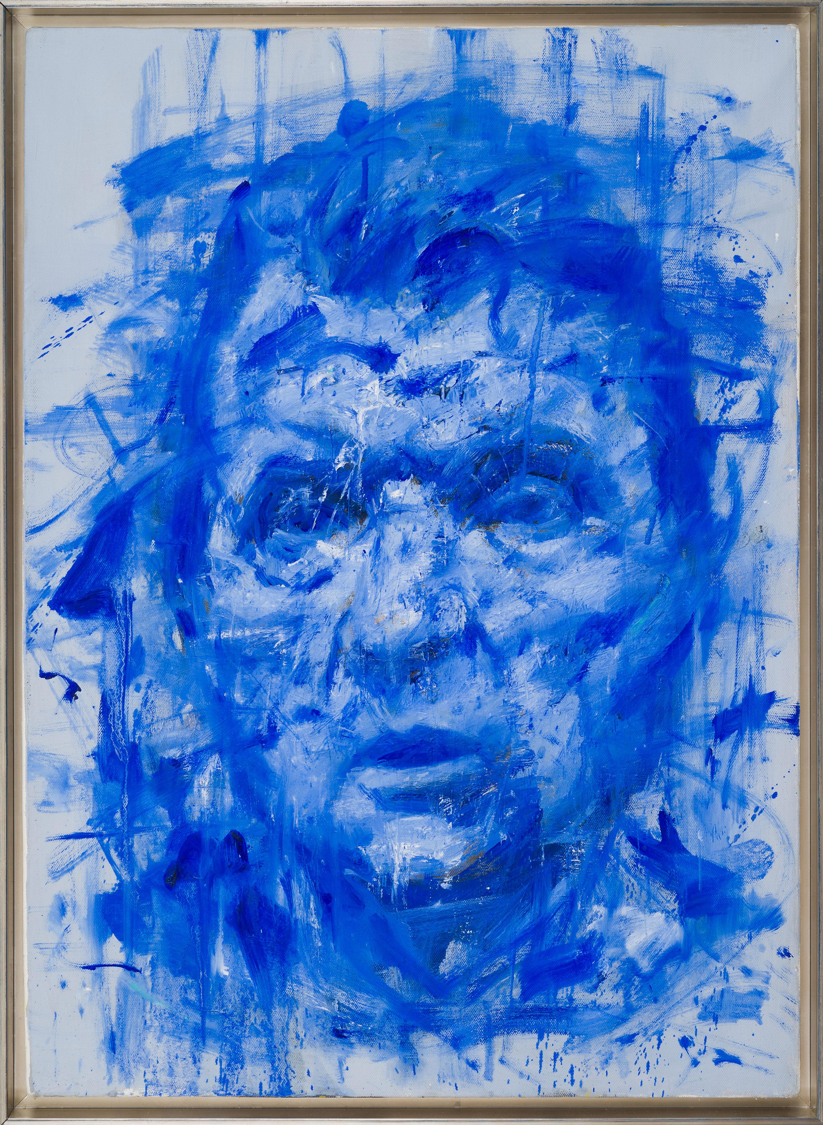 Blue Lord - contemporary oil painting, portrait of Francis Bacon in blue  - Painting by Milan Markovich