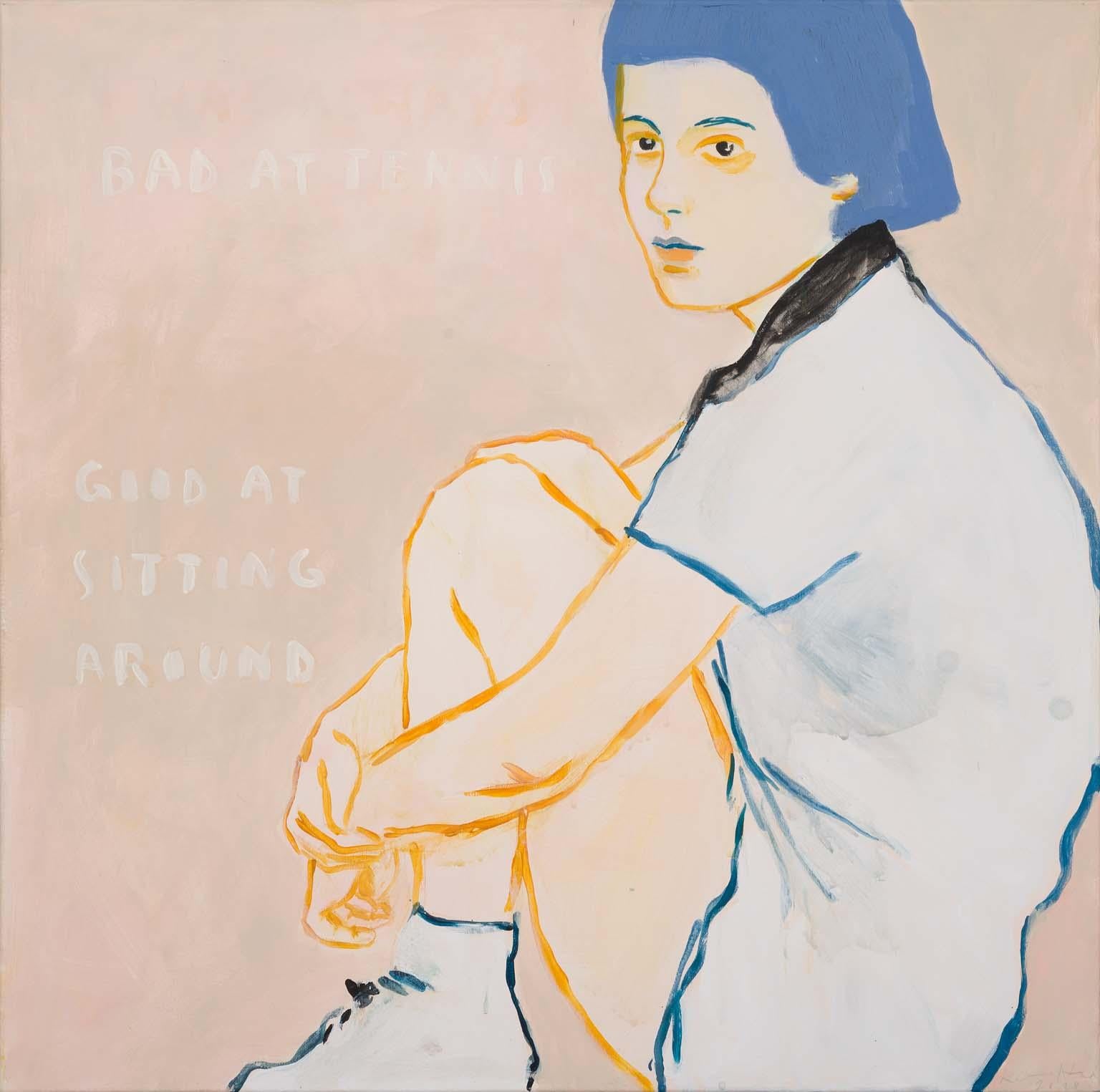 Figurative Painting de Katharina Grossmann-Hensel - Bueno para sentarse - contemporáneo  obra de arte de retrato femenino con palabras