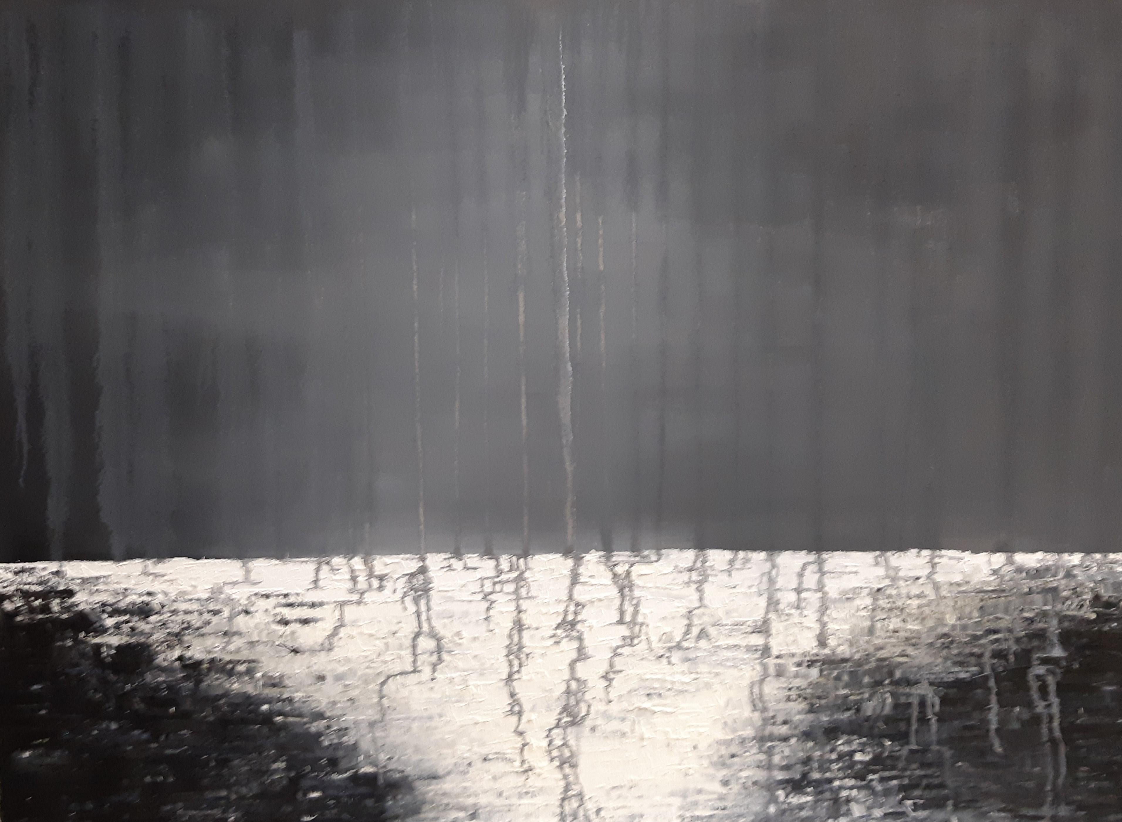 Ohne Titel – schwarz-weißes abstraktes expressionistisches Ölgemälde einer Wasserlandschaft