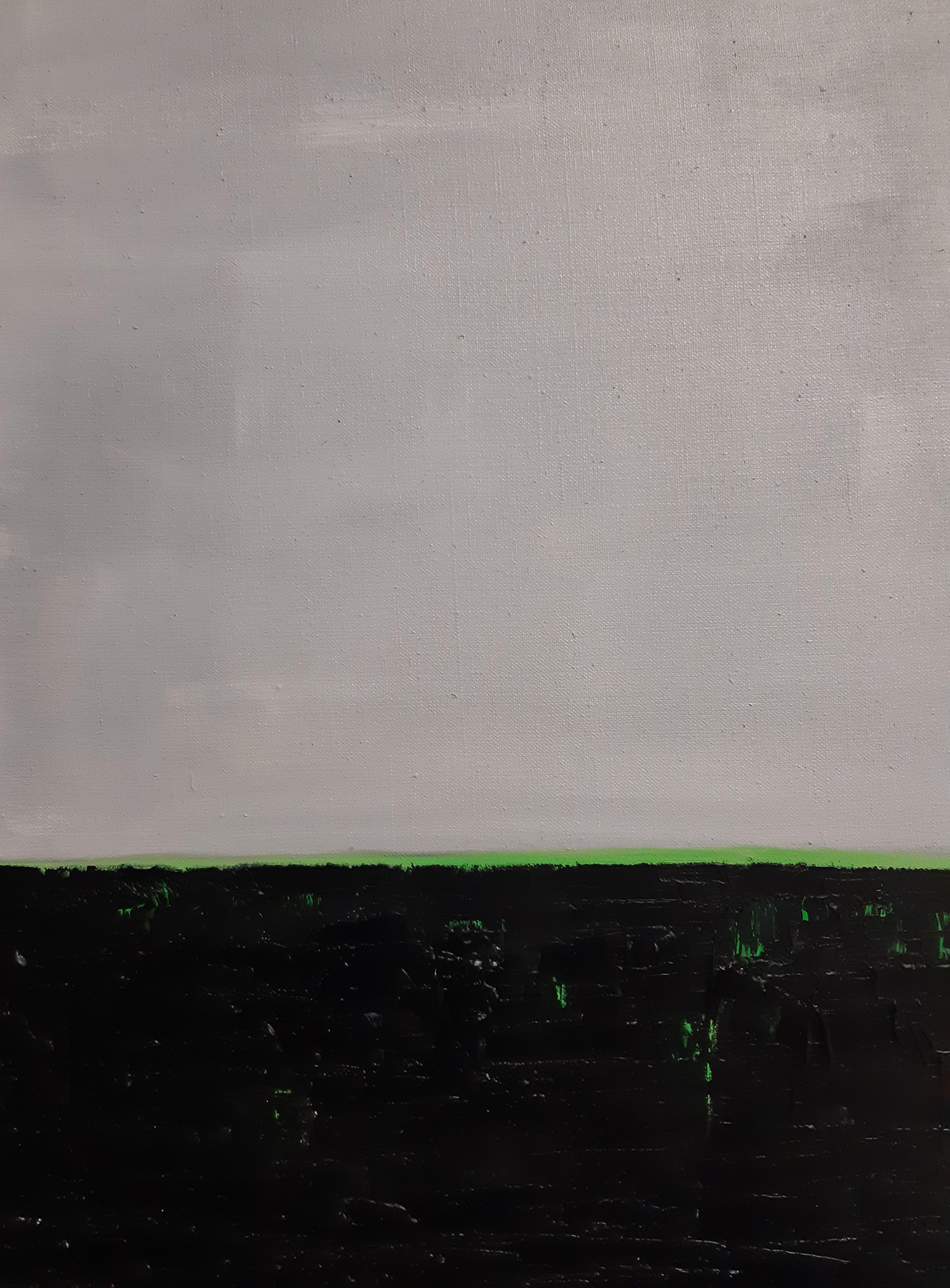 Willi Bucher Abstract Painting – Abstrakter expressionistischer Raum in schwarzem, grauem und grünem Ölgemälde ohne Titel