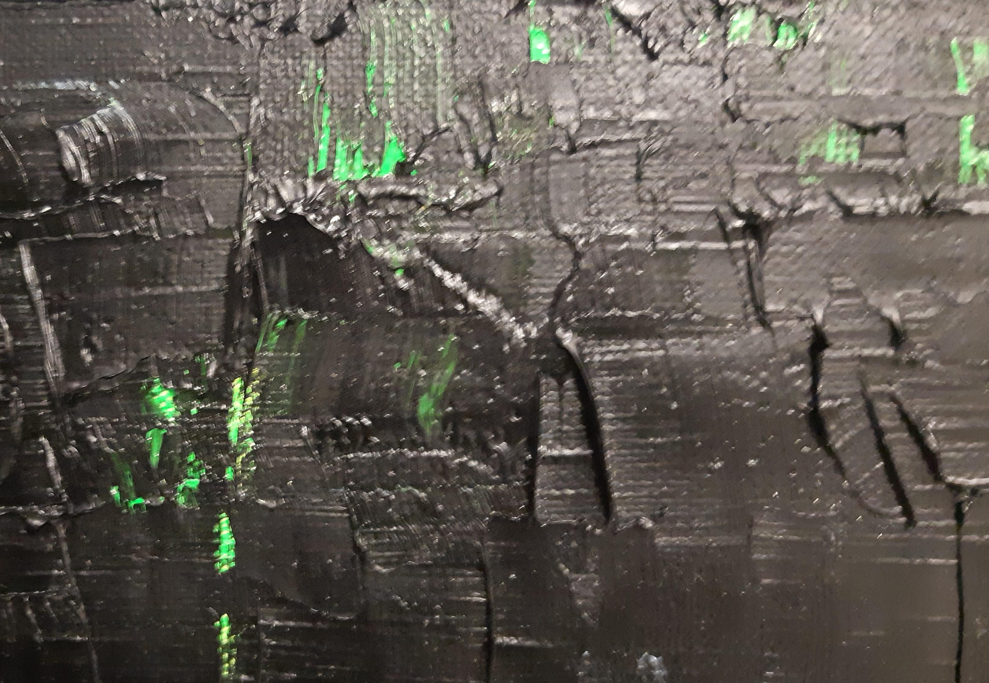 Abstrakter expressionistischer Raum in schwarzem, grauem und grünem Ölgemälde ohne Titel – Painting von Willi Bucher