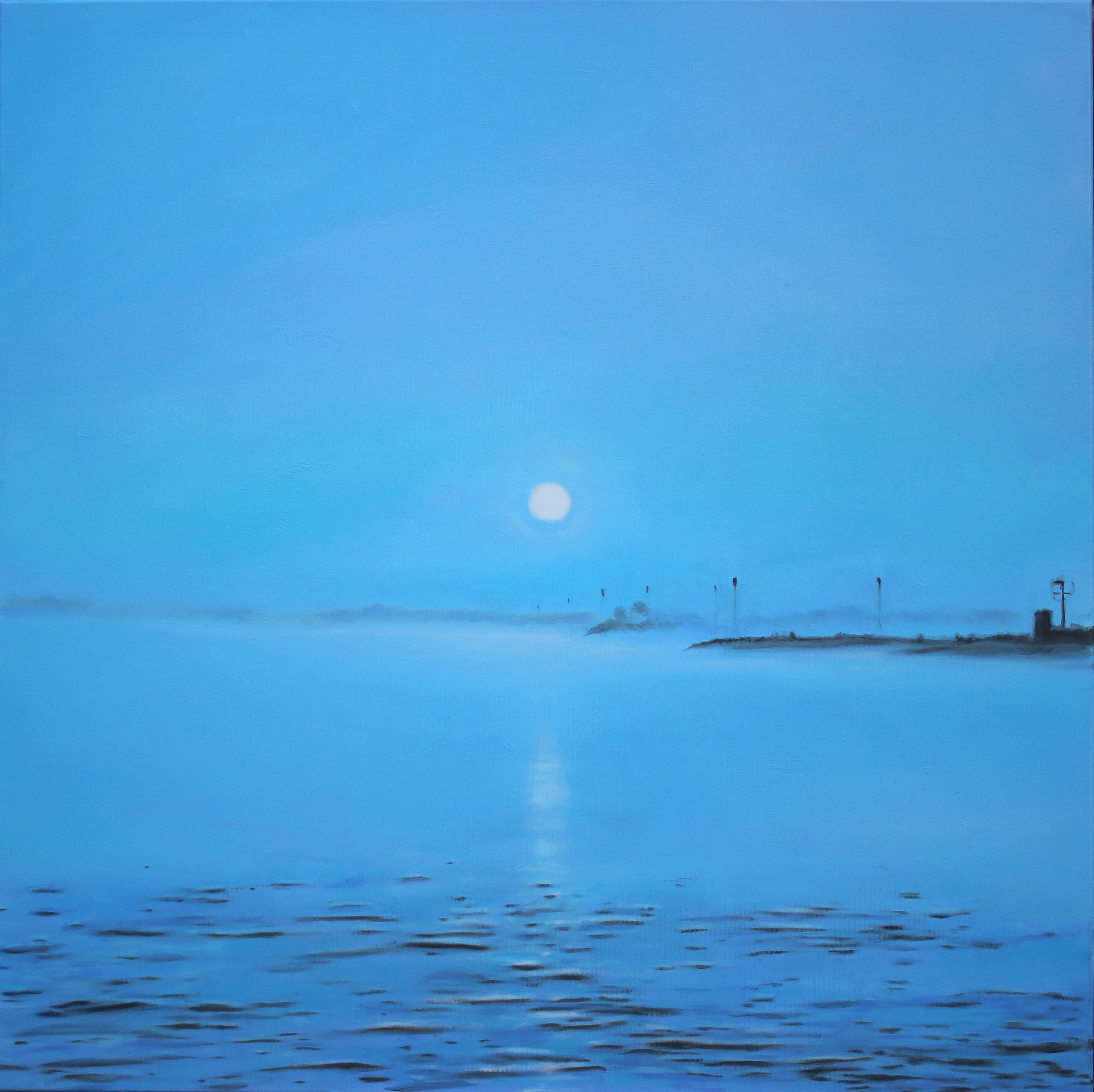 Michael Pröpper Figurative Painting – Elbe 17 - zeitgenössisches Kunstwerk, Wasserlandschaft Öl auf Leinwand in meditativem Blau
