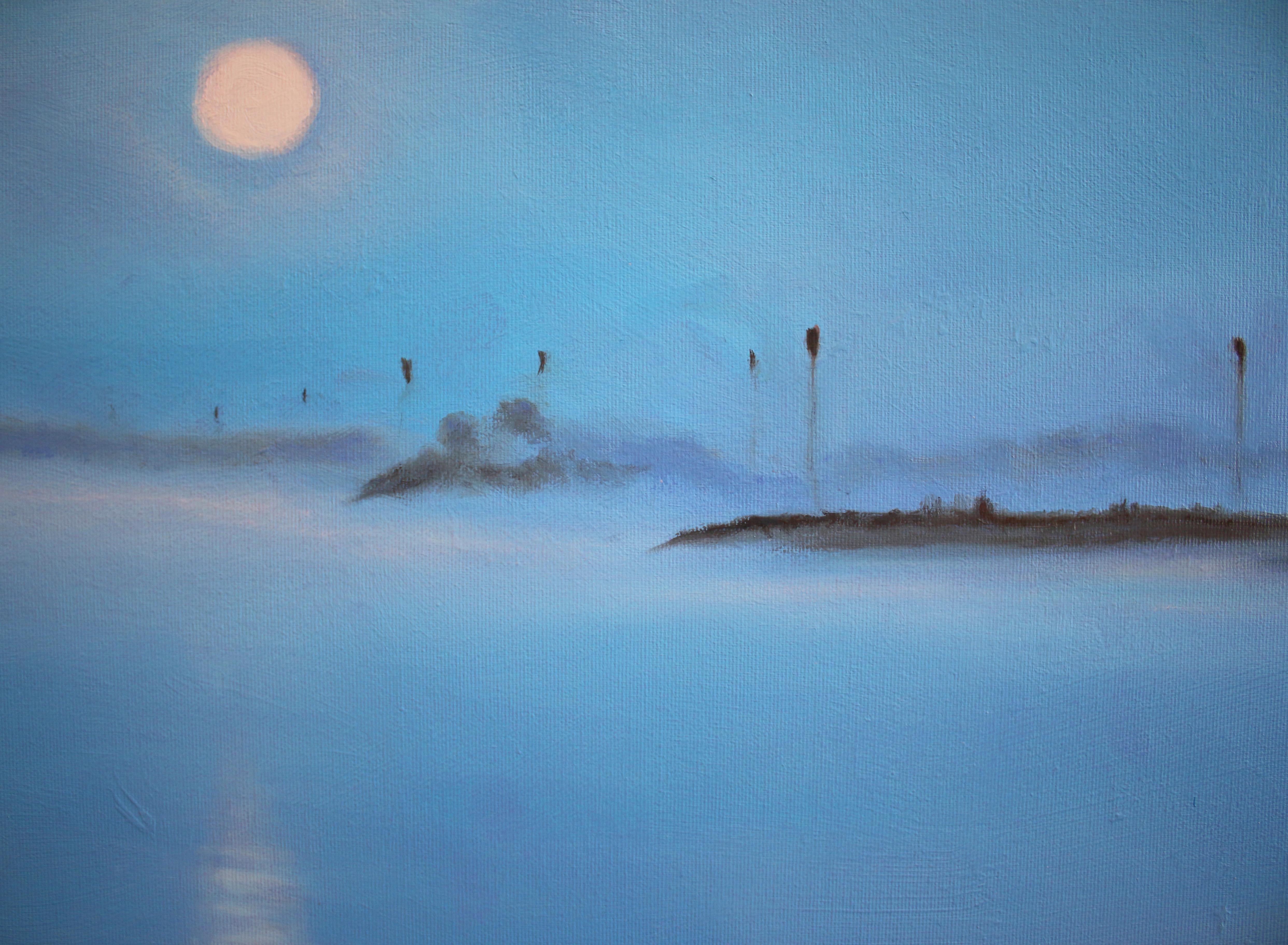 Elbe 17 - contemporary artwork, water landscape oil on canvas in meditative blue - Painting by Michael Pröpper