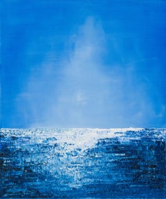 Sans titre - peinture à l'huile expressionniste abstraite bleue à horizon aquatique