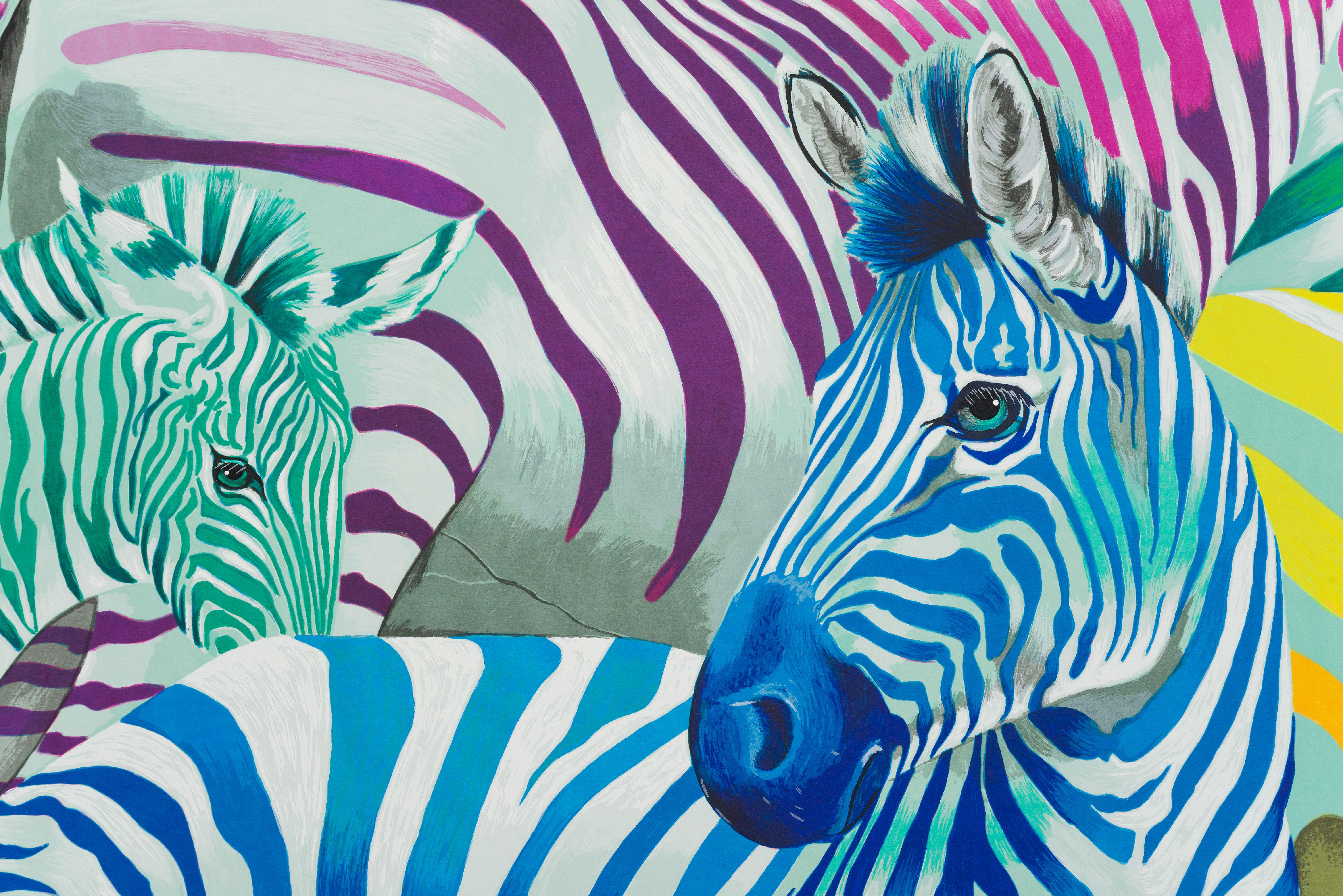 Zebra parade postmodern pop art of colorful zebra animal herd in vibrant colors  - Print by Rolf Knie 