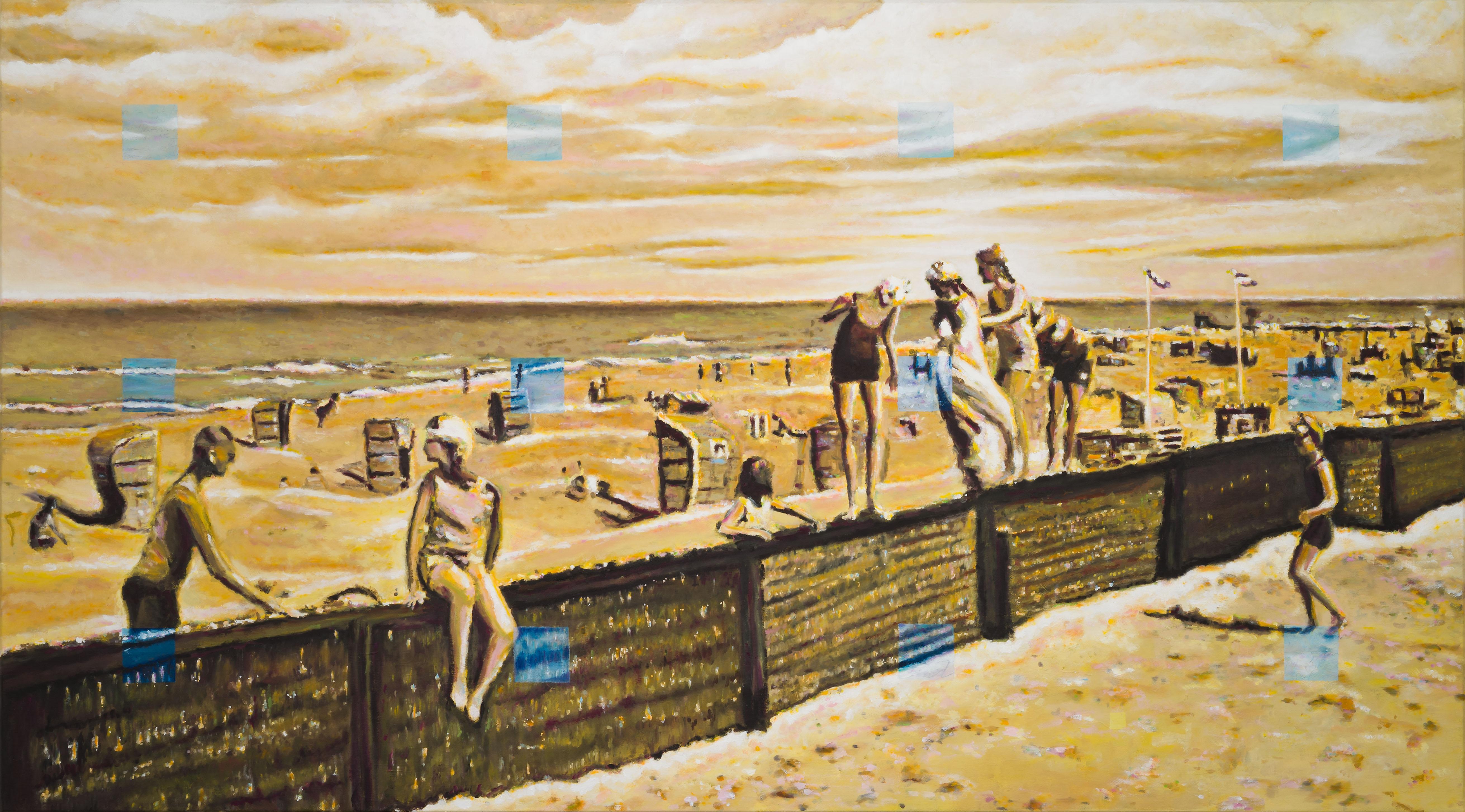 Michael Pröpper Figurative Painting - Heaven Can Wait- contemporary dance scene on beach figurative landscape painting