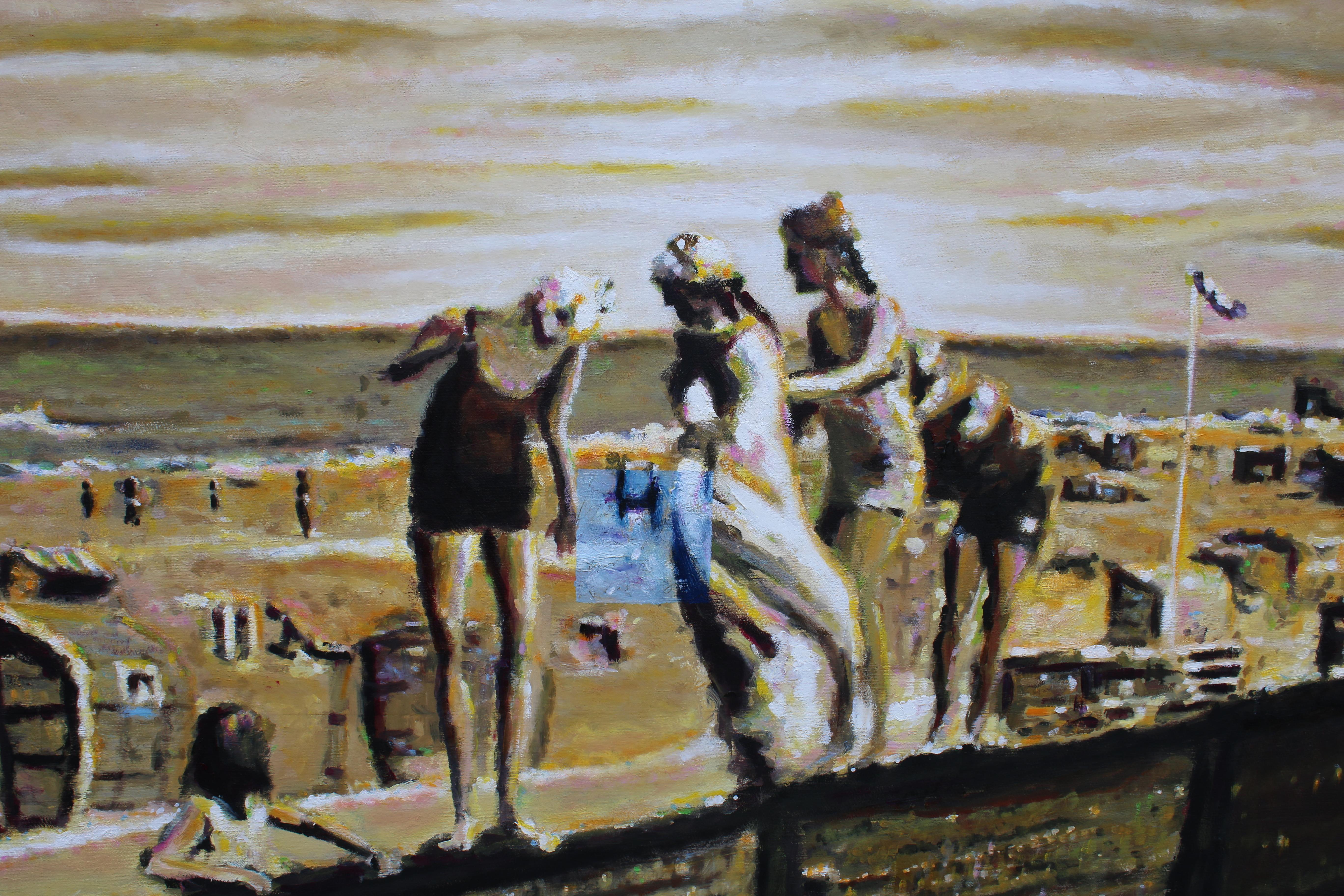 El cielo puede esperar- escena de danza contemporánea en la playa pintura figurativa de paisaje - Figurative Painting Marrón de Michael Pröpper