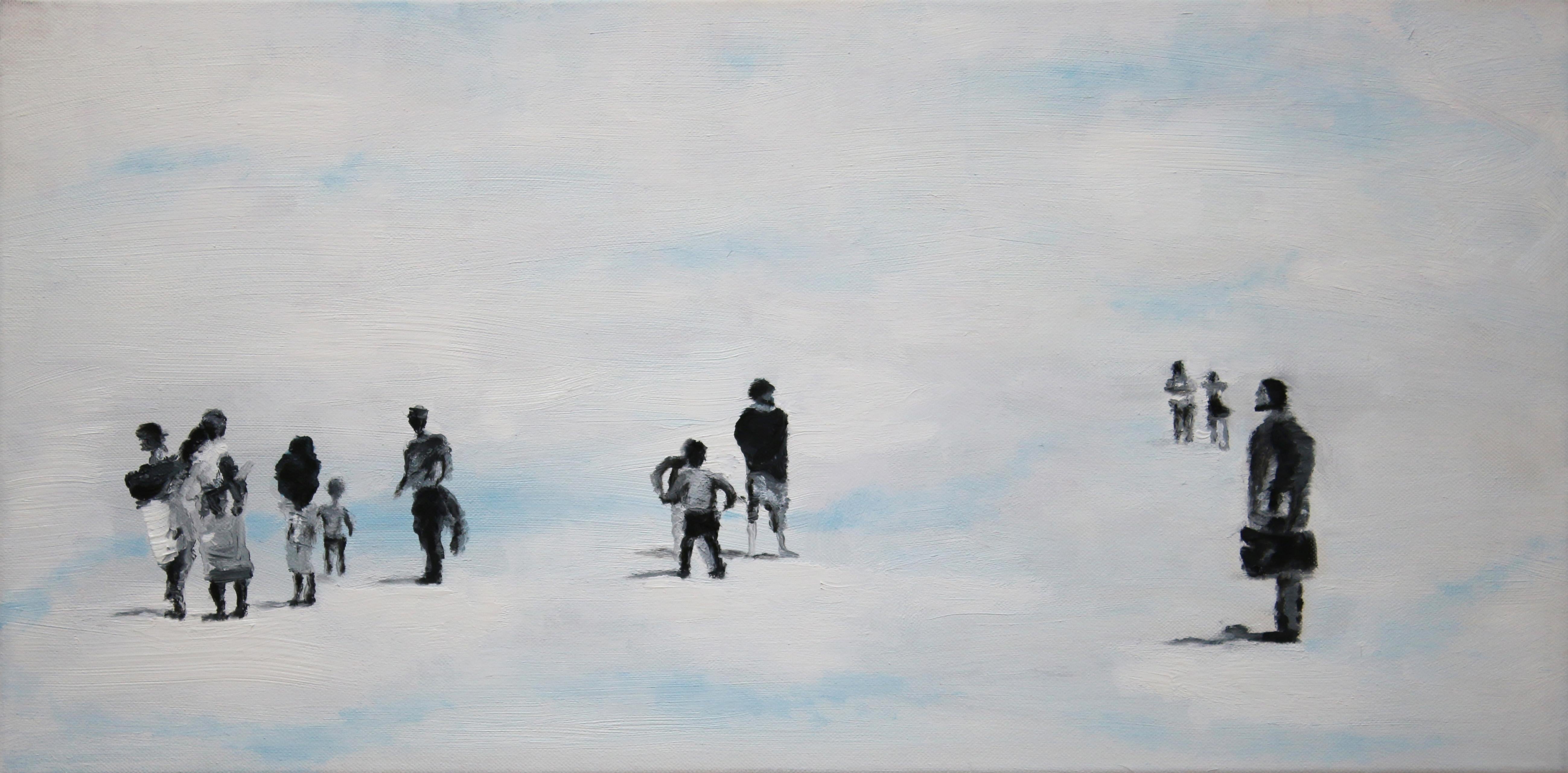 Groupe dans les nuages - scène figurative contemporaine, peinture de personnes dans les nuages