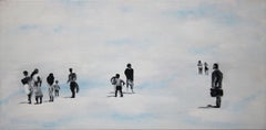 Group in the Clouds- contemporary figurative scene, painting of people in clouds