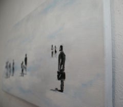 Group in the Clouds- contemporary figurative scene, painting of people in clouds