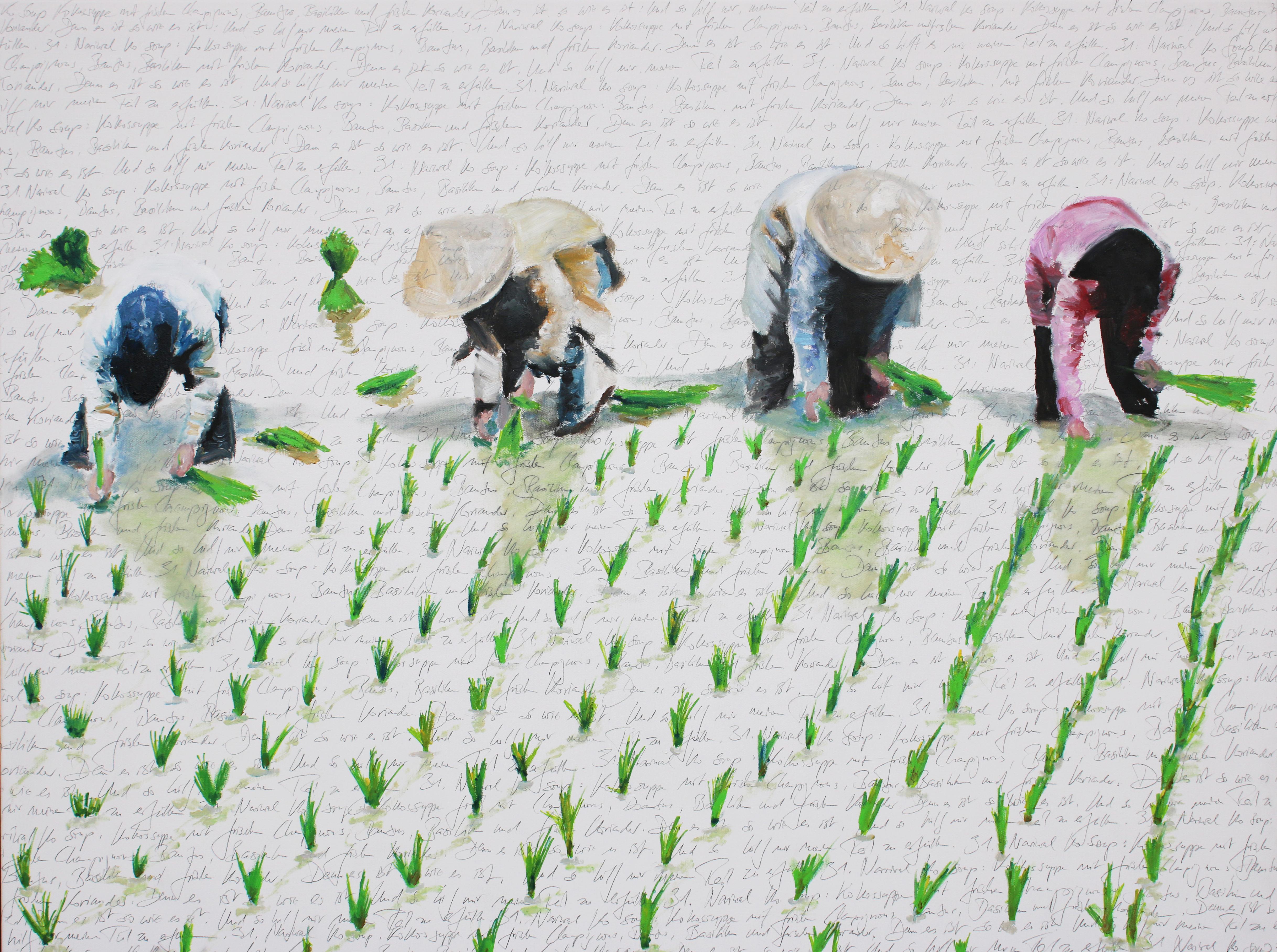 Nariwal Ko - scena di paesaggio figurativo contemporaneo, dipinto di raccoglitori di riso