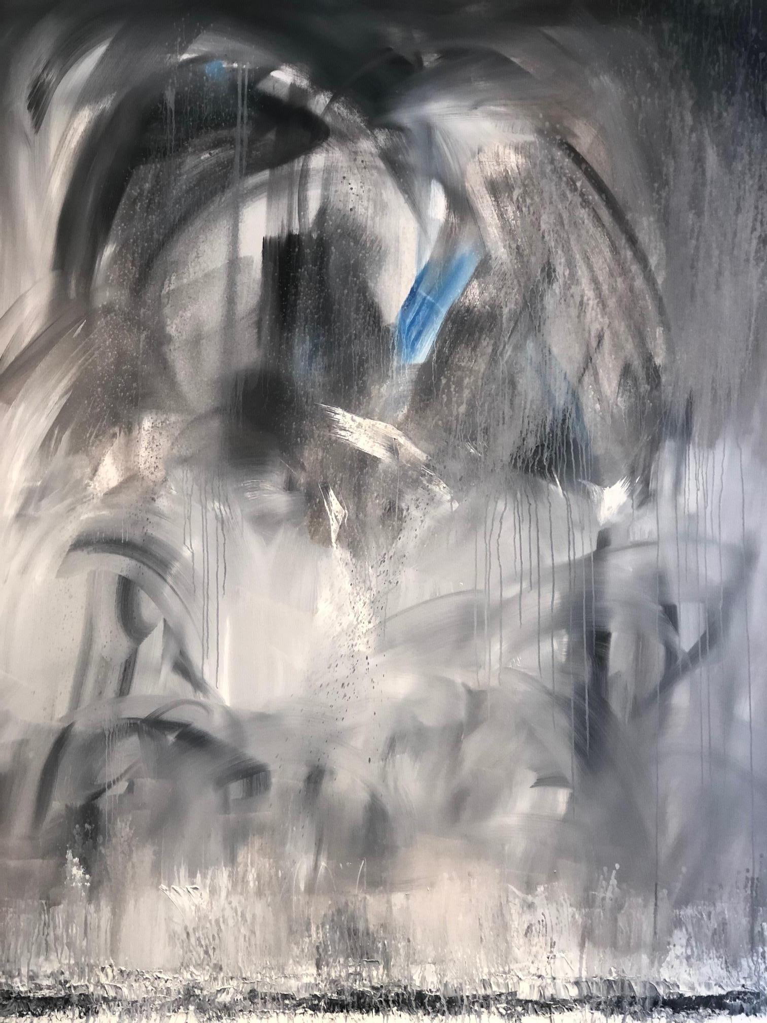 Willi Bucher Abstract Painting – Metaebene XX - zeitgenössisches expressionistisches abstraktes Gemälde in Grau, Weiß und Blau von Metaebene