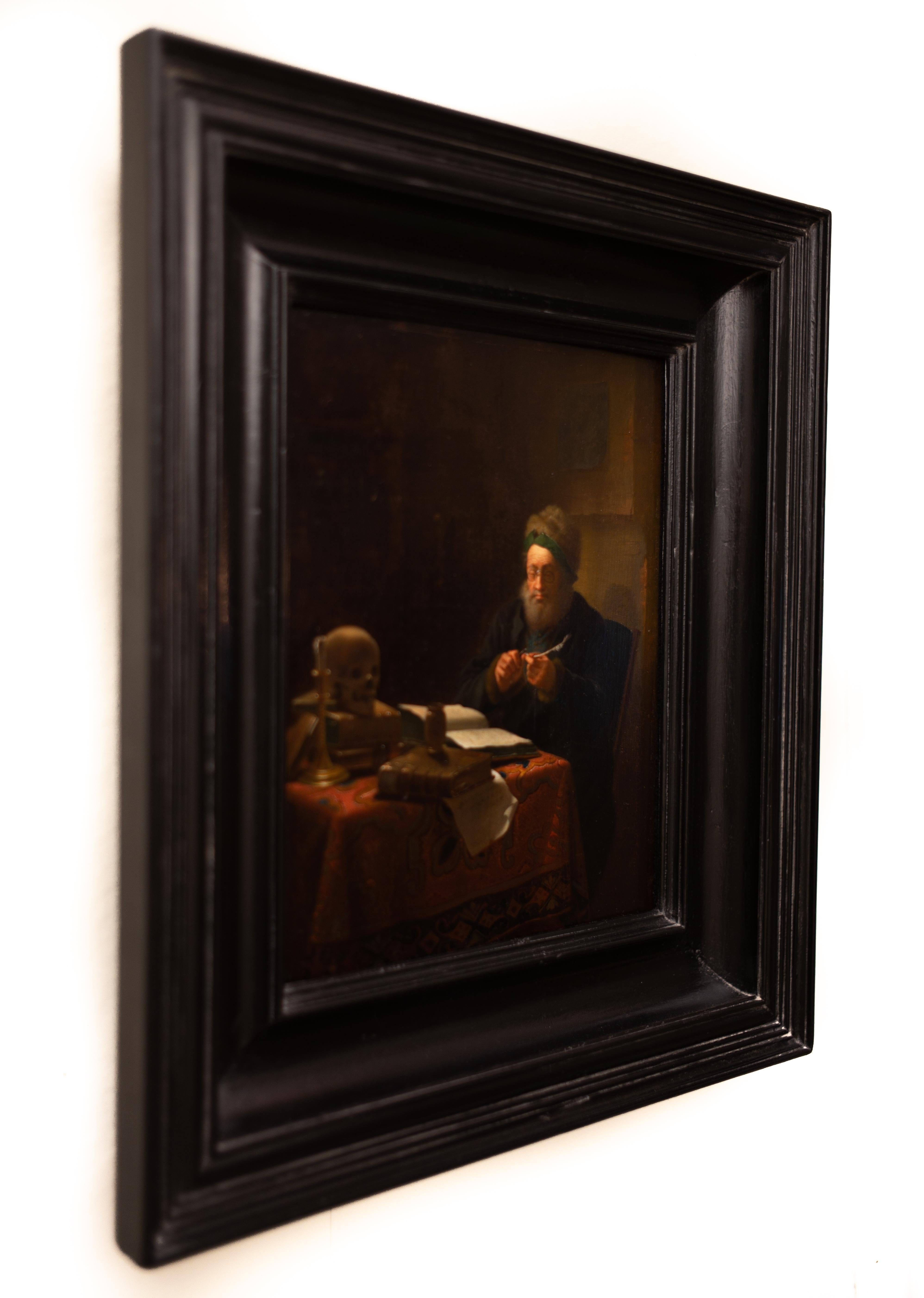 Scholar Sharpening His Quill Penn Attributed to Justus Juncker, Oil on Panel For Sale 6