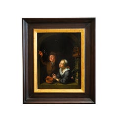 A Young Couple Blowing Bubbles at a Window, Follower of Louis de Moni, Oil Panel